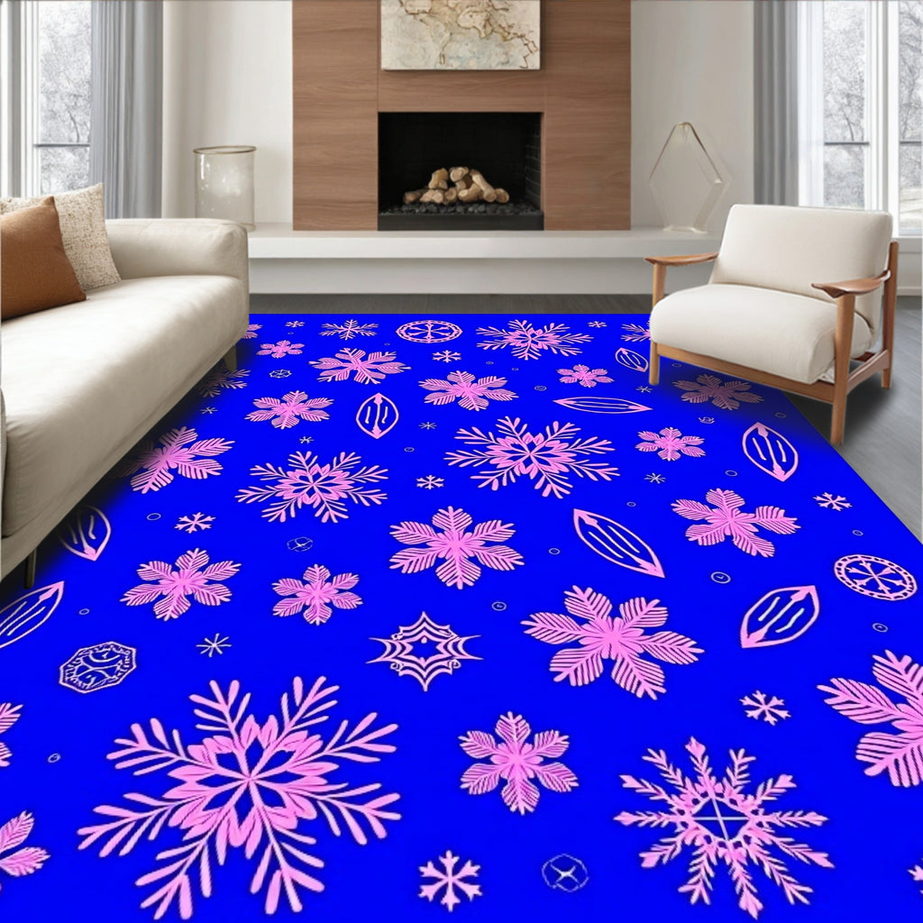 Pink Snowflake Scatter Blue Field Rug