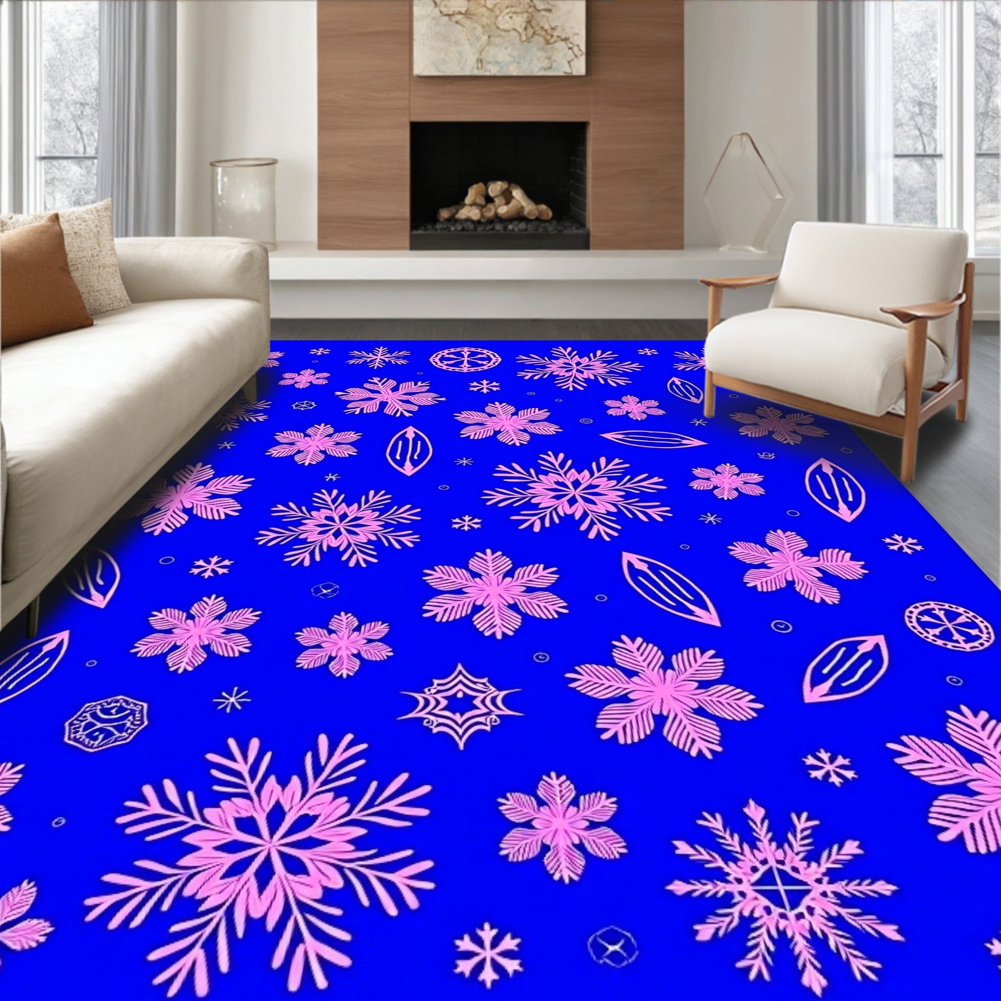 Pink Snowflake Scatter Blue Field Rug