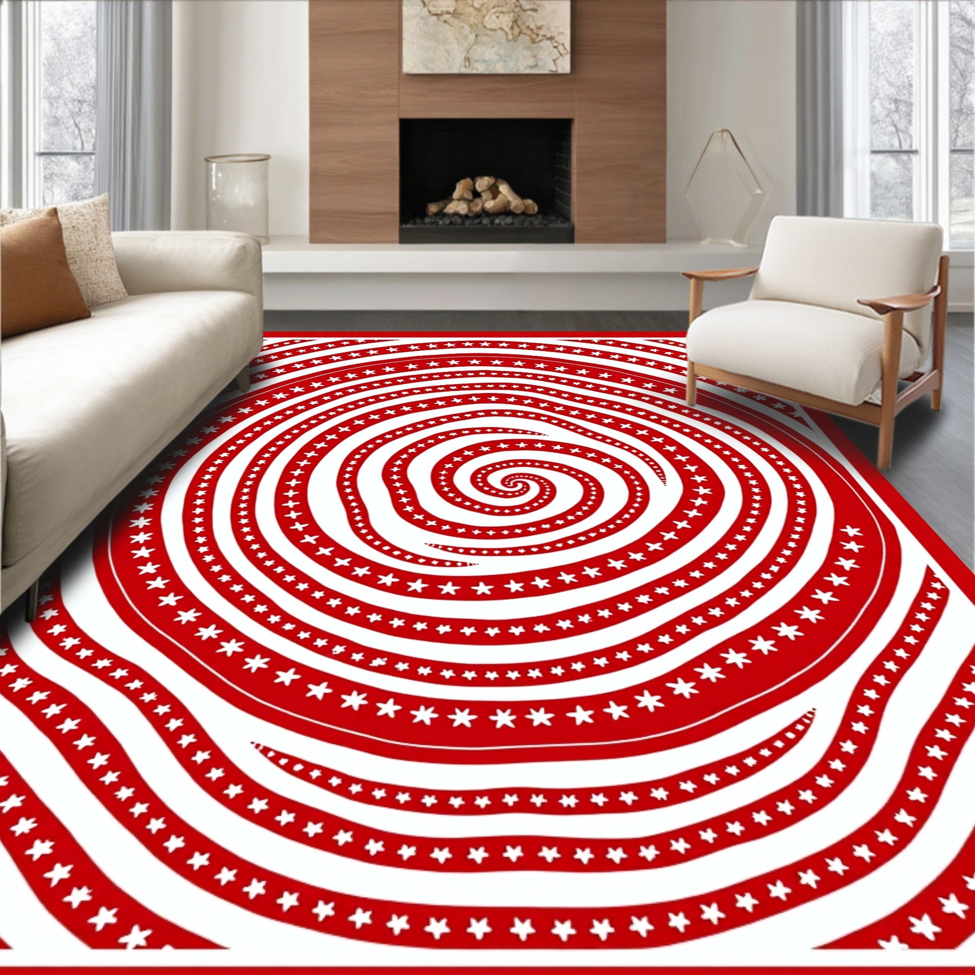 Red White Star Swirl Spiral Rug