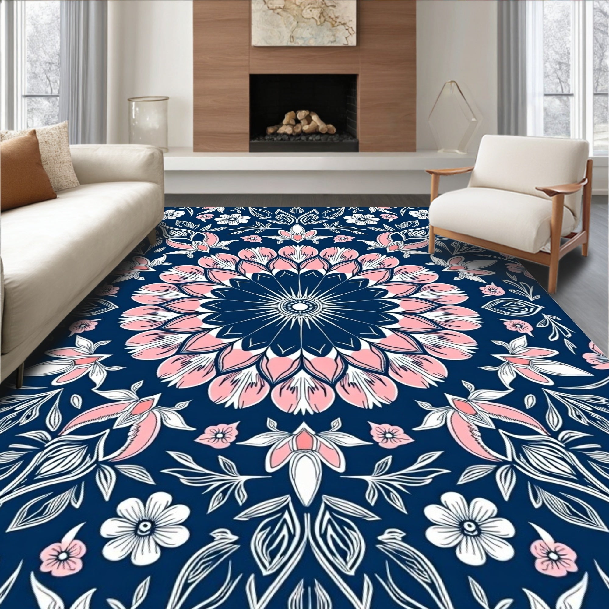Grand Pink Floral Medallion Navy Rug