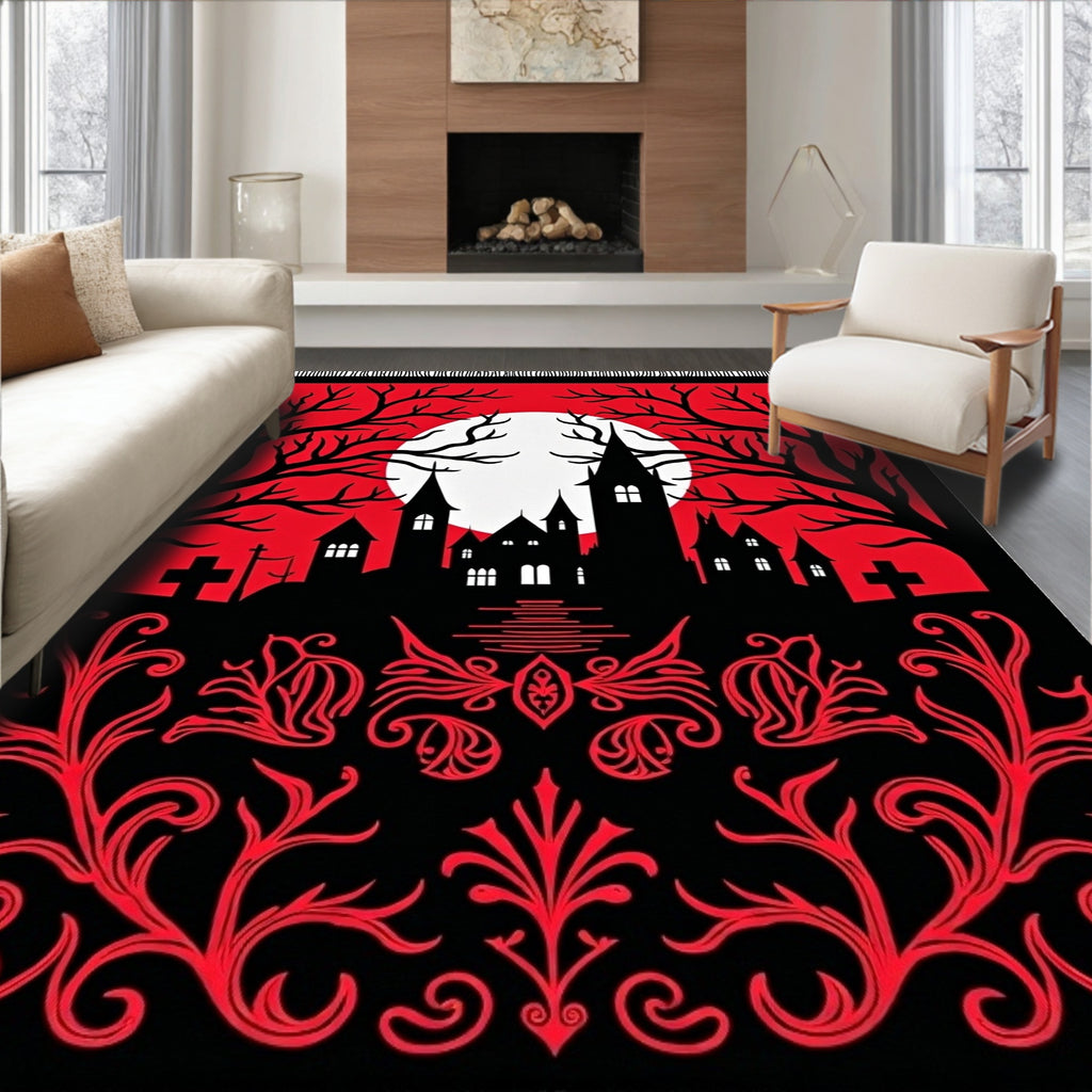 Spooky Red Gothic Castle Moonscape Rug