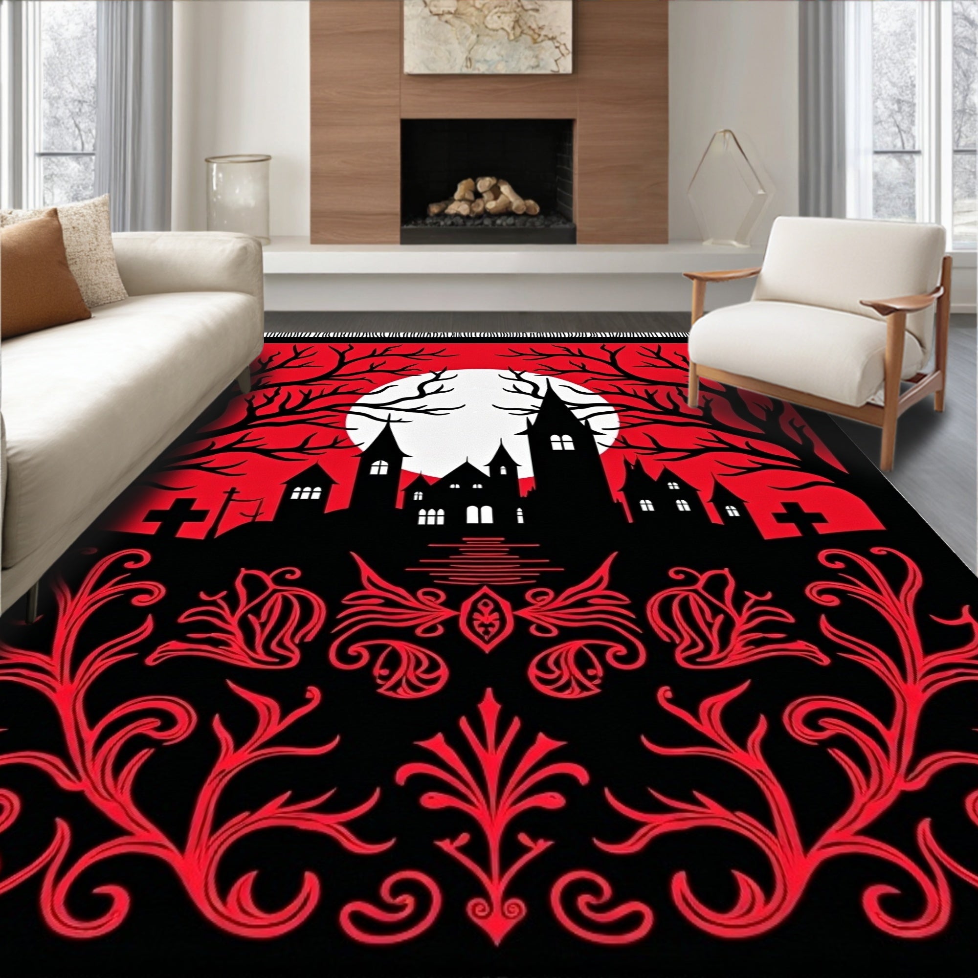 Spooky Red Gothic Castle Moonscape Rug