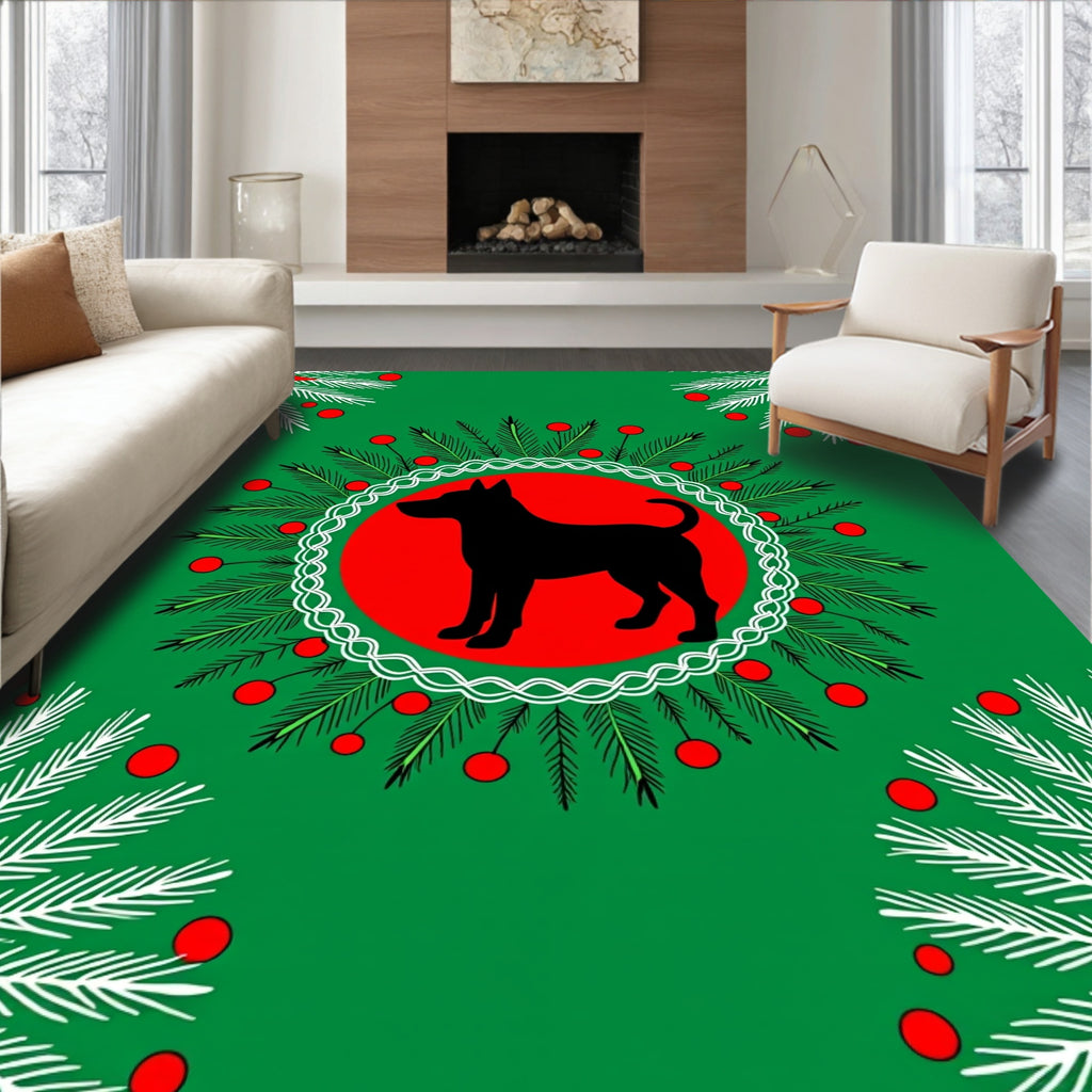Green Red Black Dog Evergreen Wreath Rug