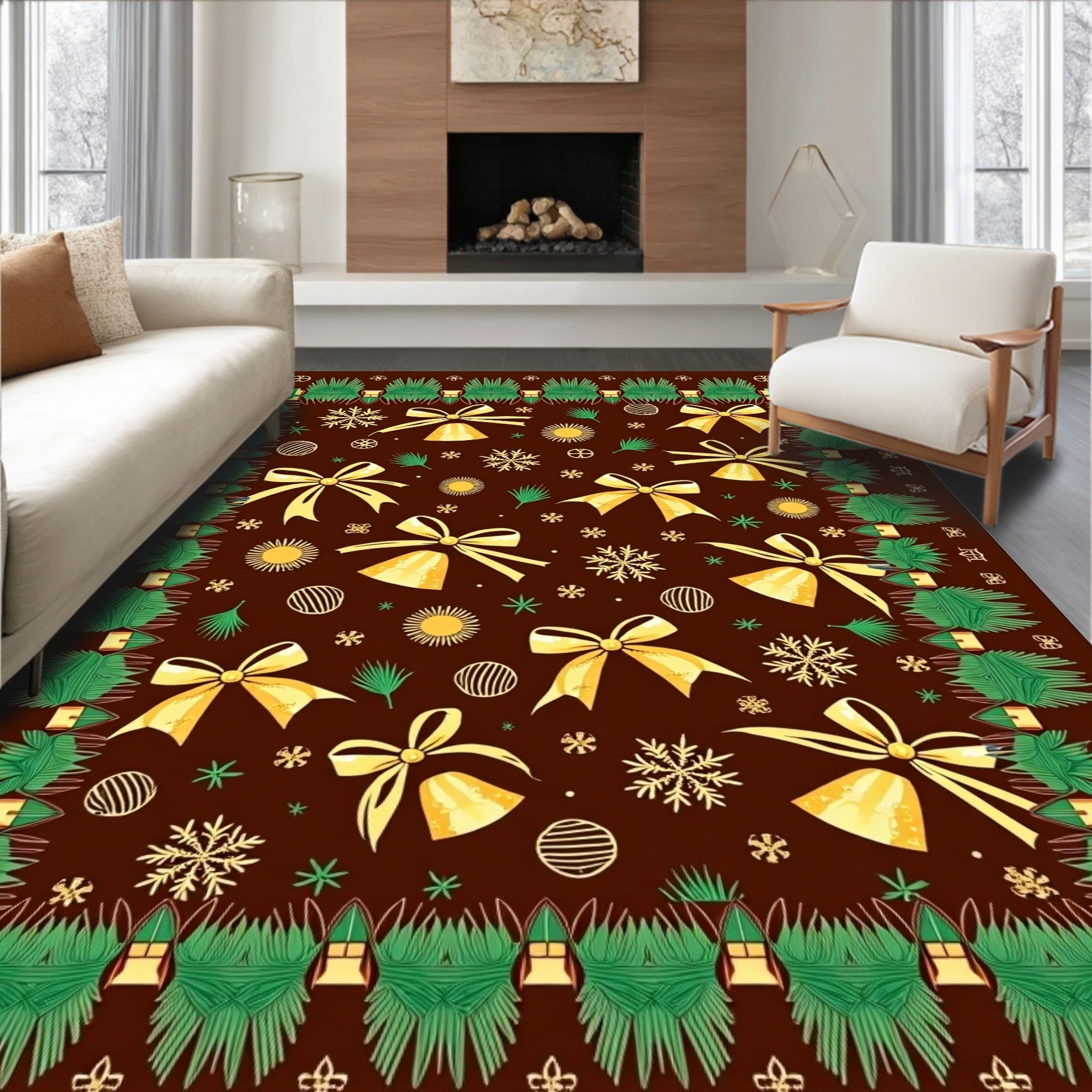 Brown Yellow Bells Snowflakes Festive Throw Rug