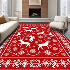 Red White Deer Snowflake Border Rug