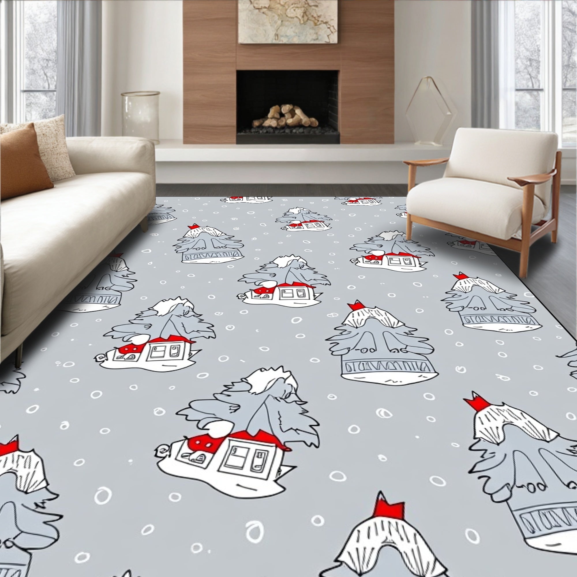 Whimsical Gray Winter Tree Homes Rug