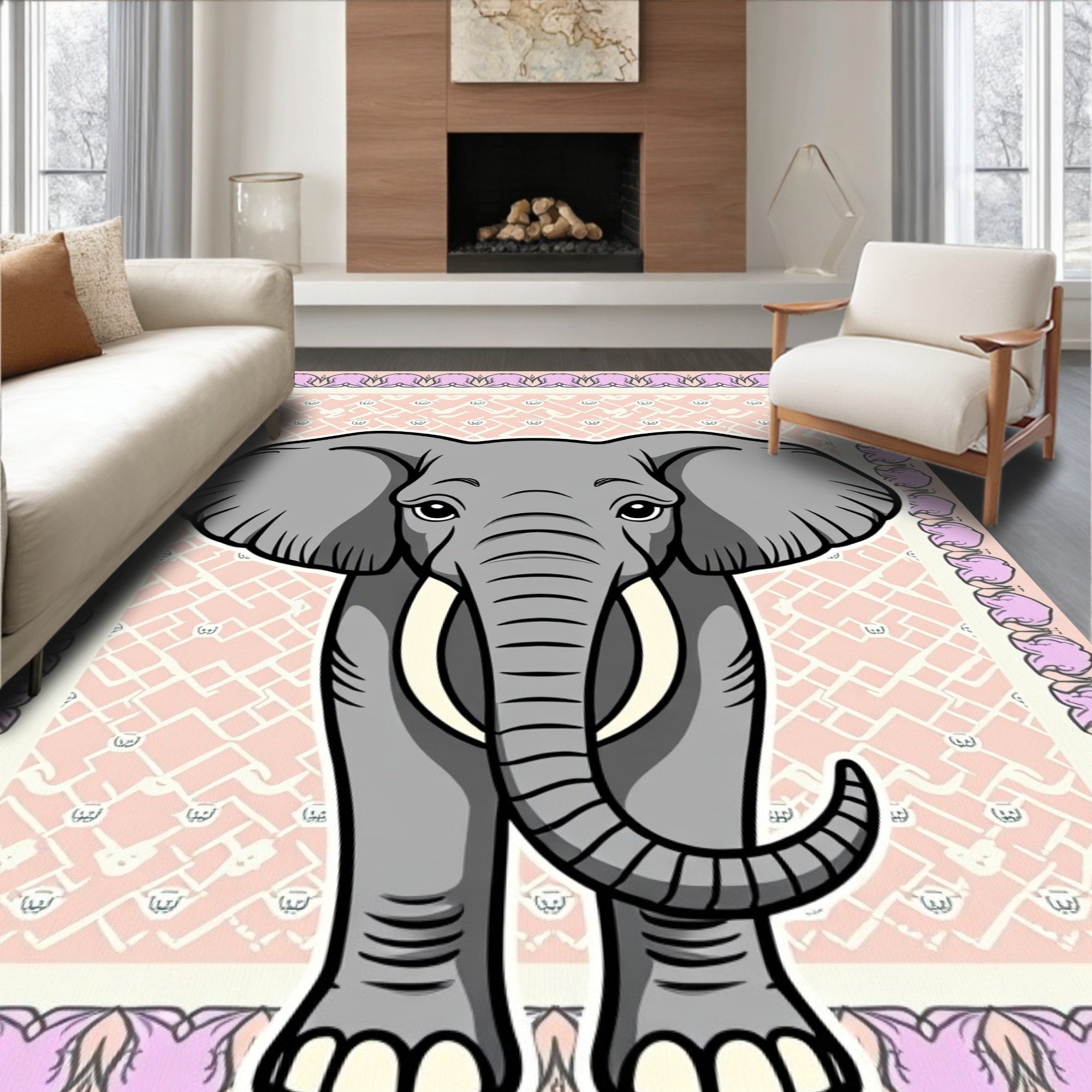 Playful Gray Elephant Pink Mandala Rug
