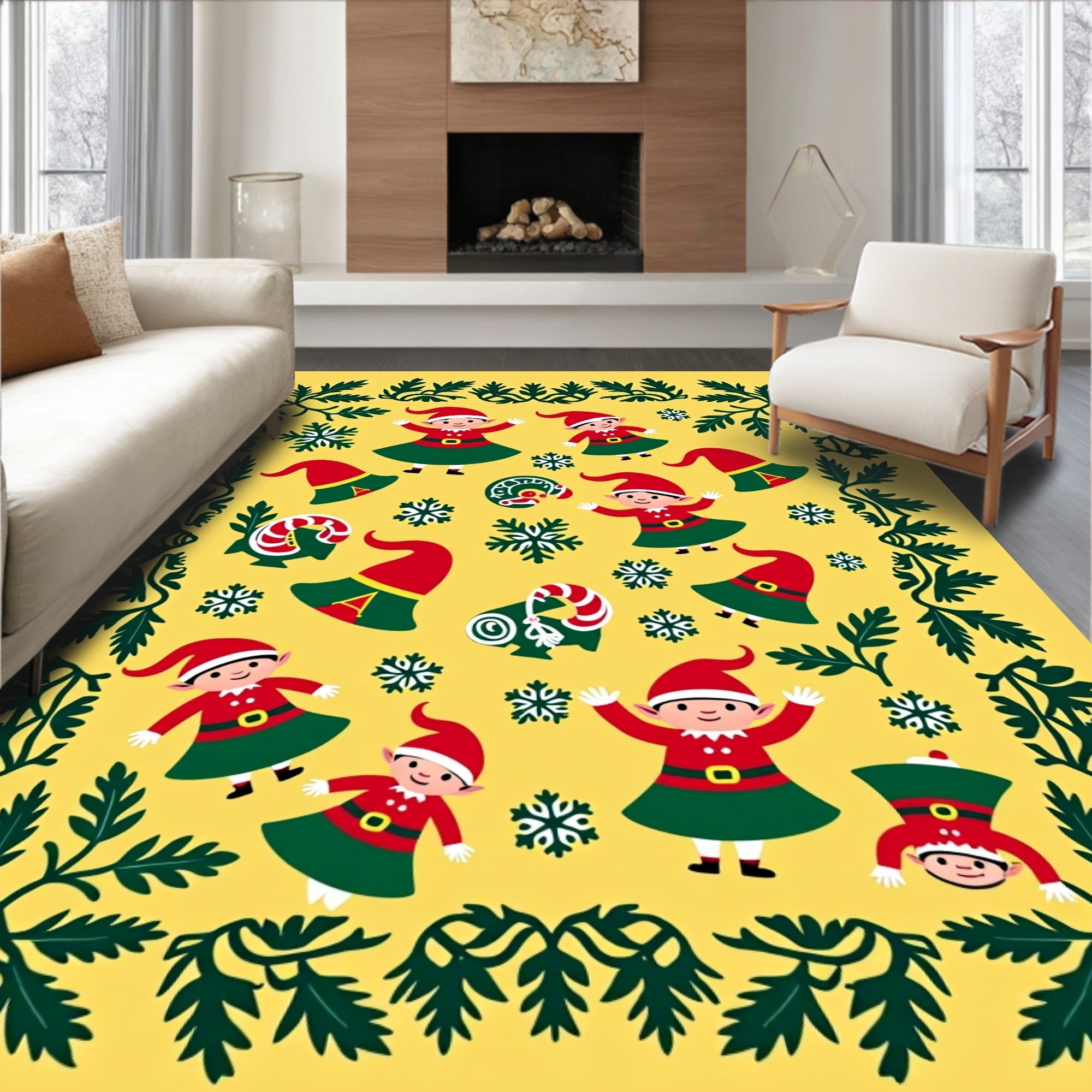 Festive Yellow Elf Snowflake Border Rug