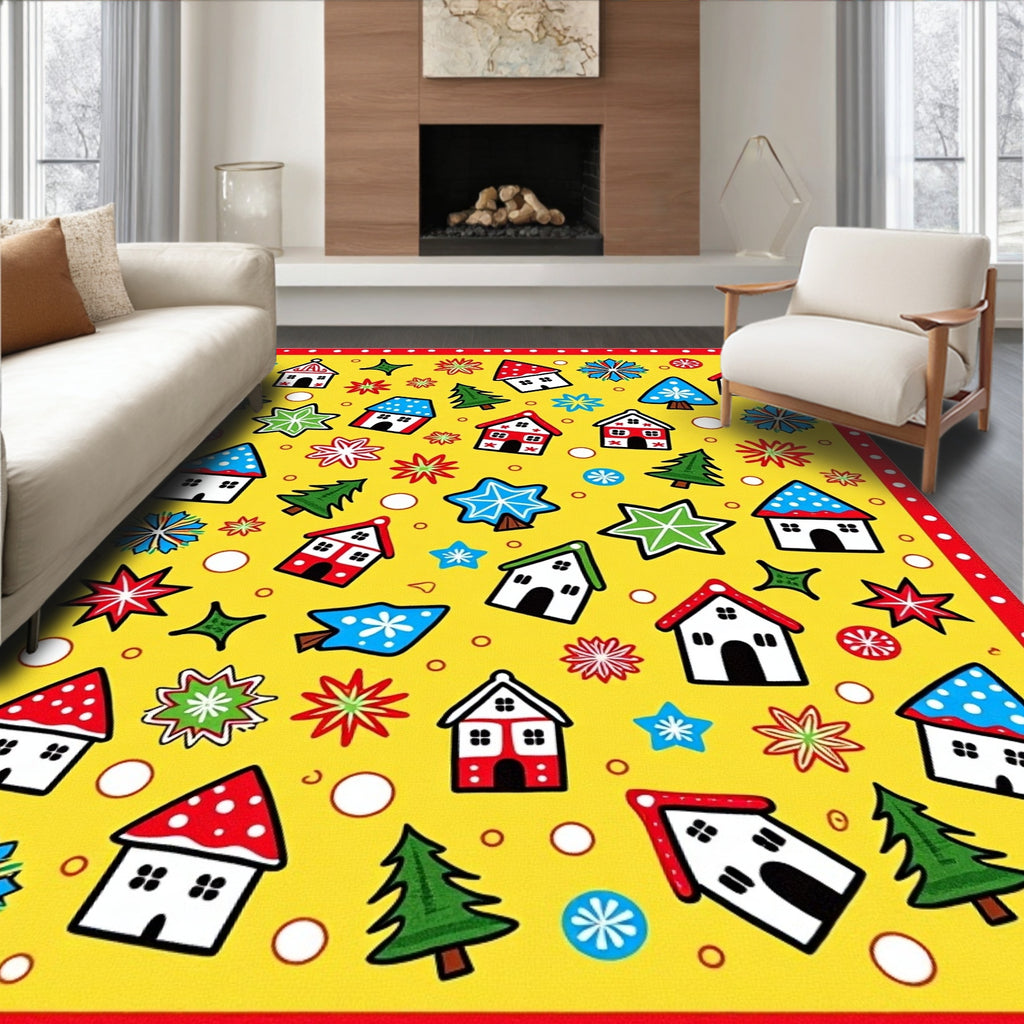 Jubilant Yellow Holiday Houses Stars Rug