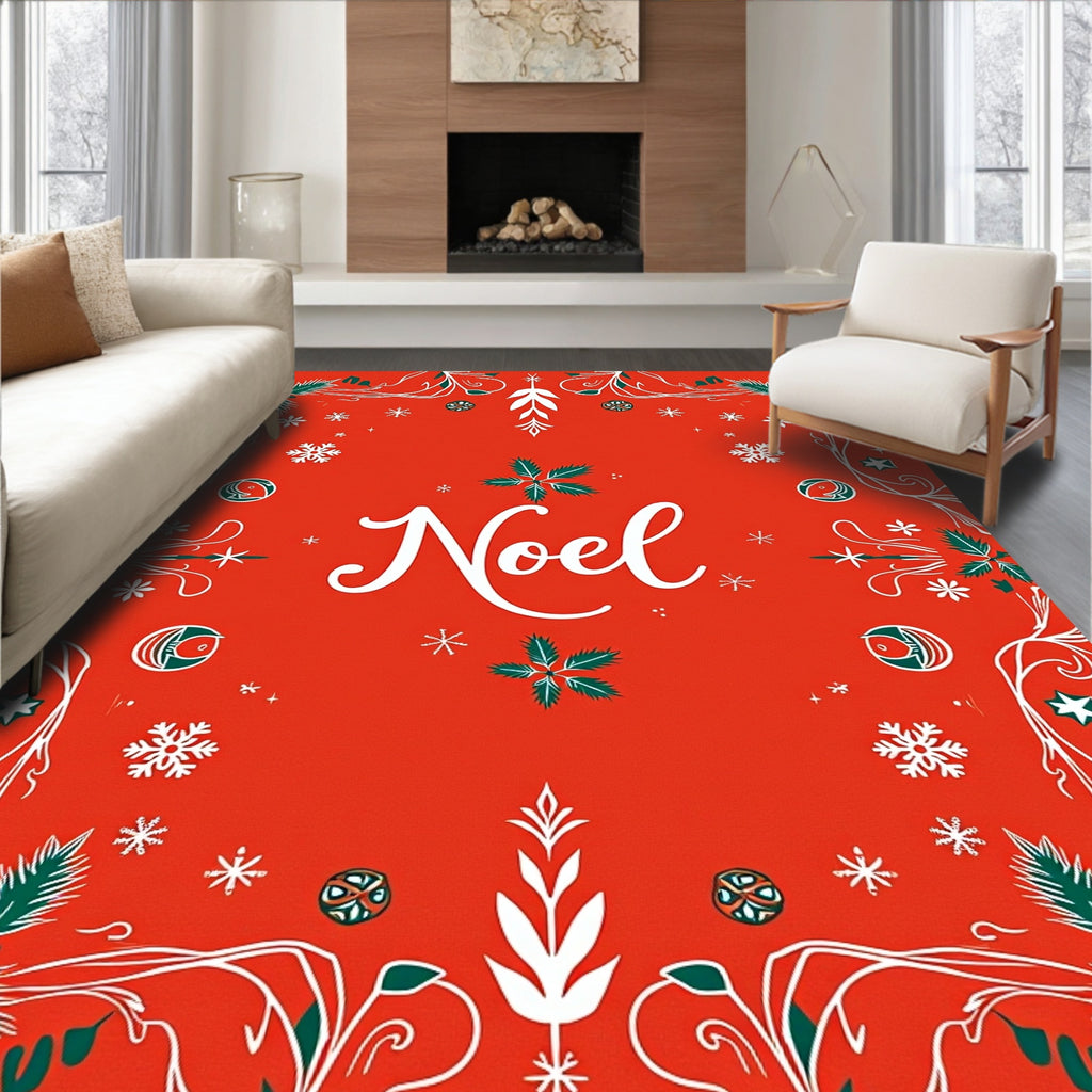 Red White Green Noel Holly Snowflakes Rug