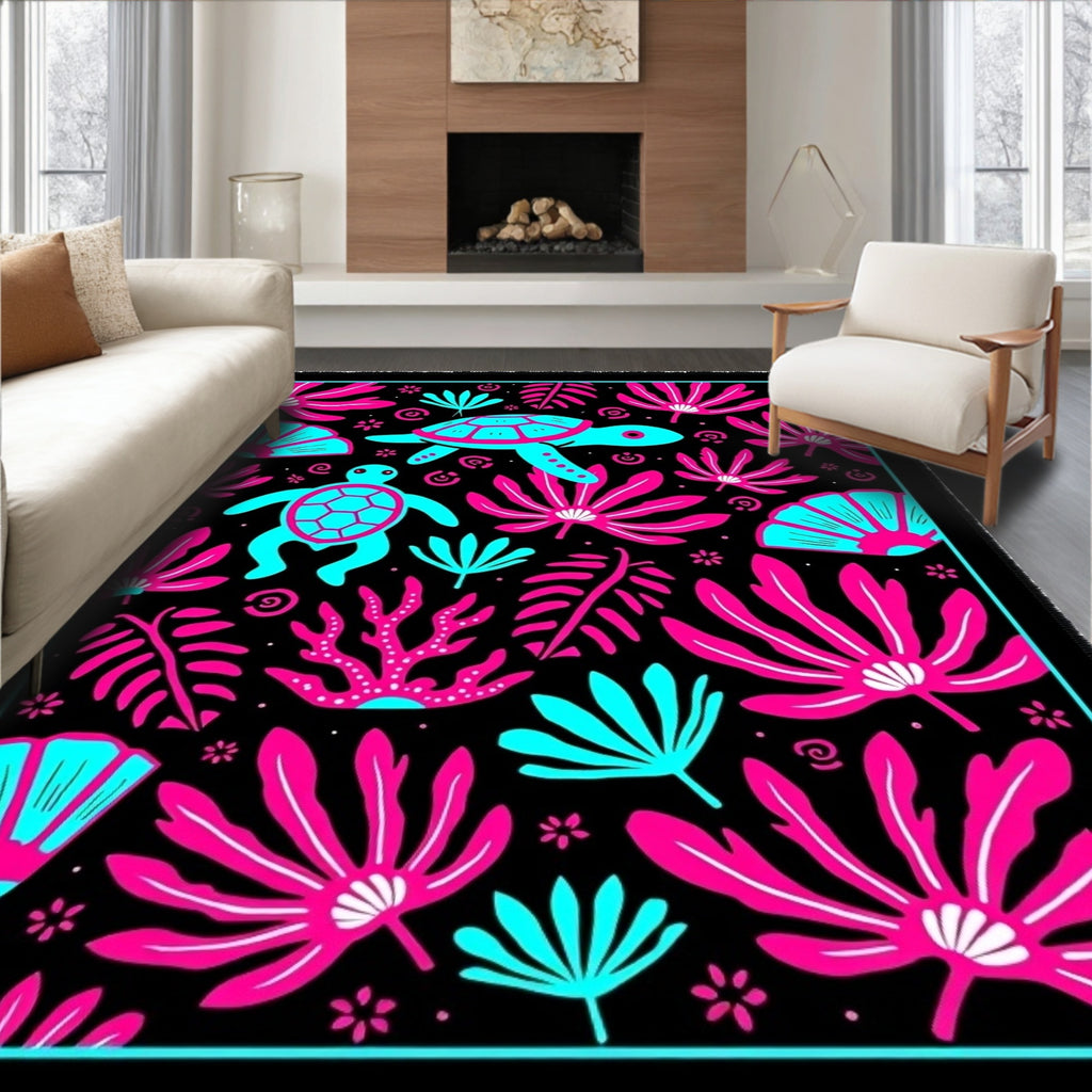 Tropical Ocean Turtle Coral Black Rug