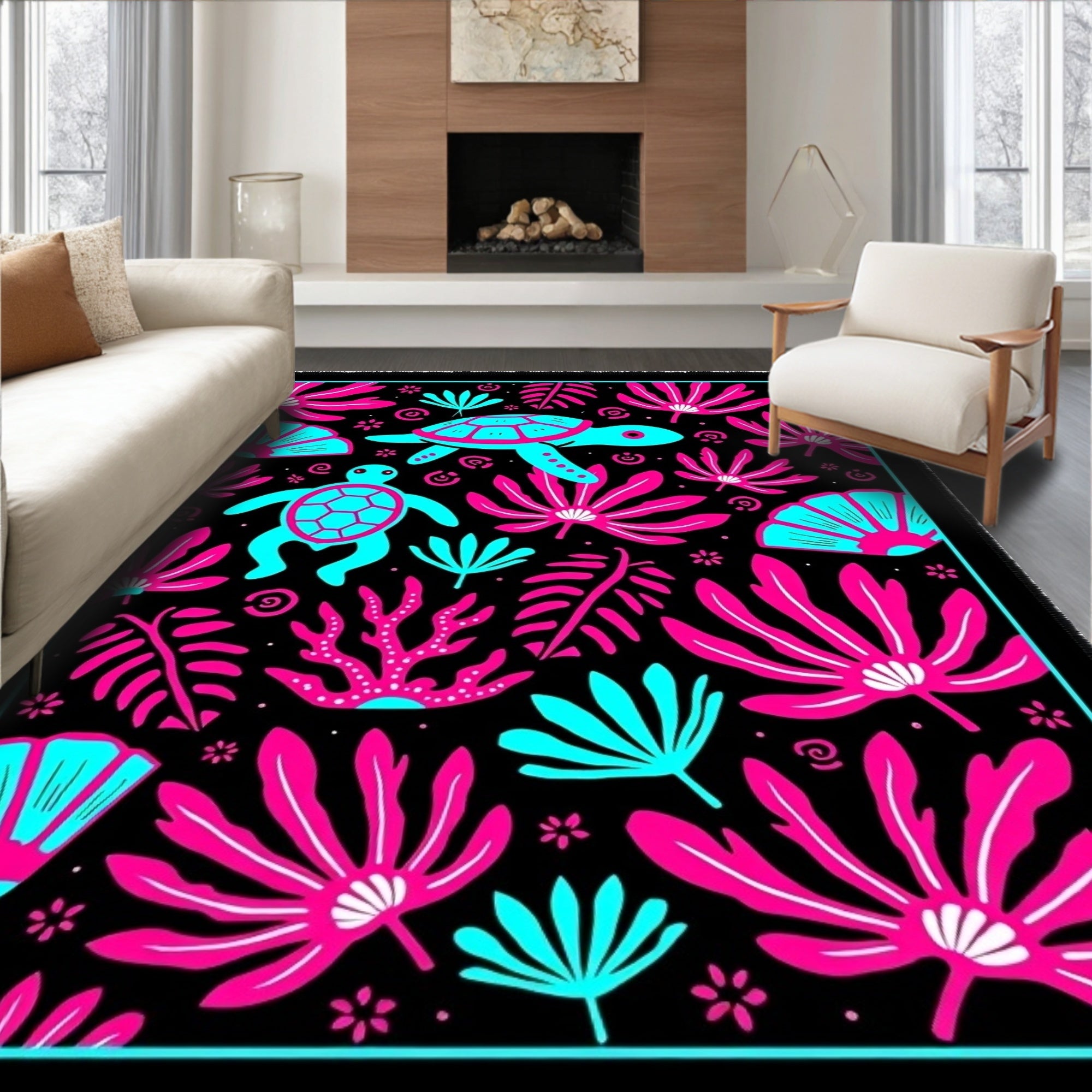 Tropical Ocean Turtle Coral Black Rug