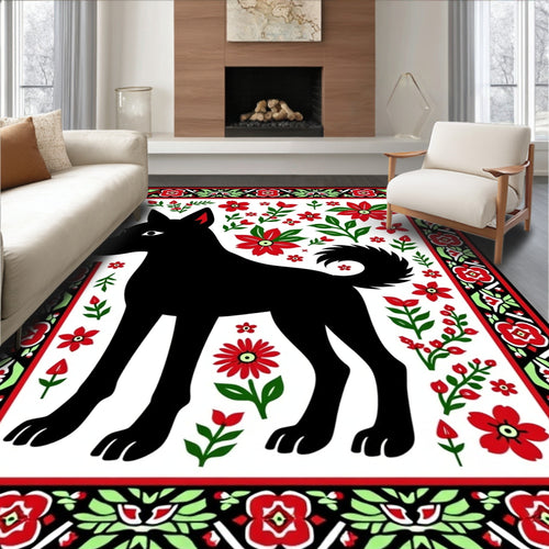 Black Dog Floral Border Accent Rug