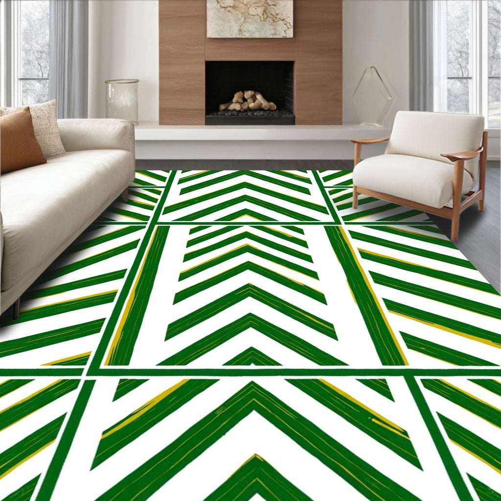 Green White Chevron Quilted Stripe Rug