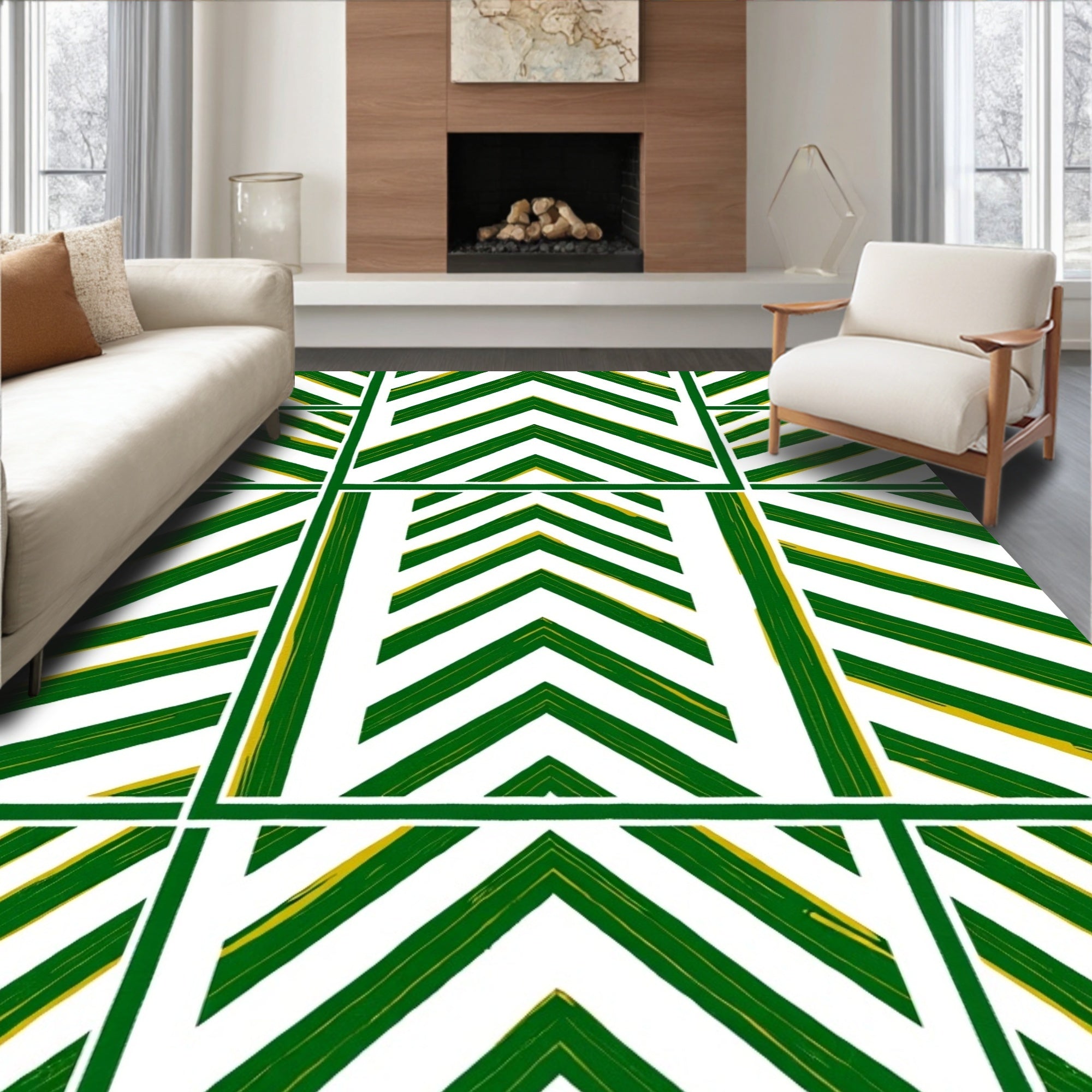 Green White Chevron Quilted Stripe Rug