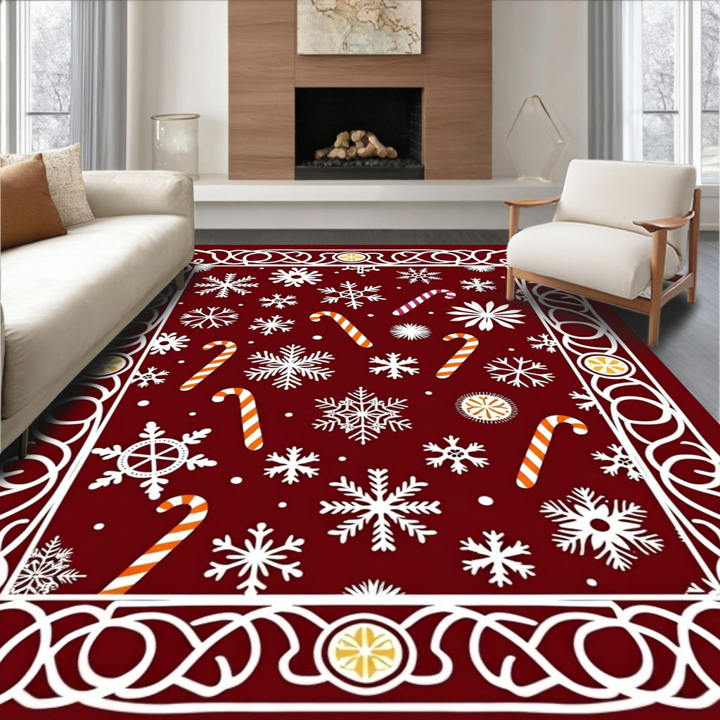 Crimson Snowflake Candy Cane Border Rug