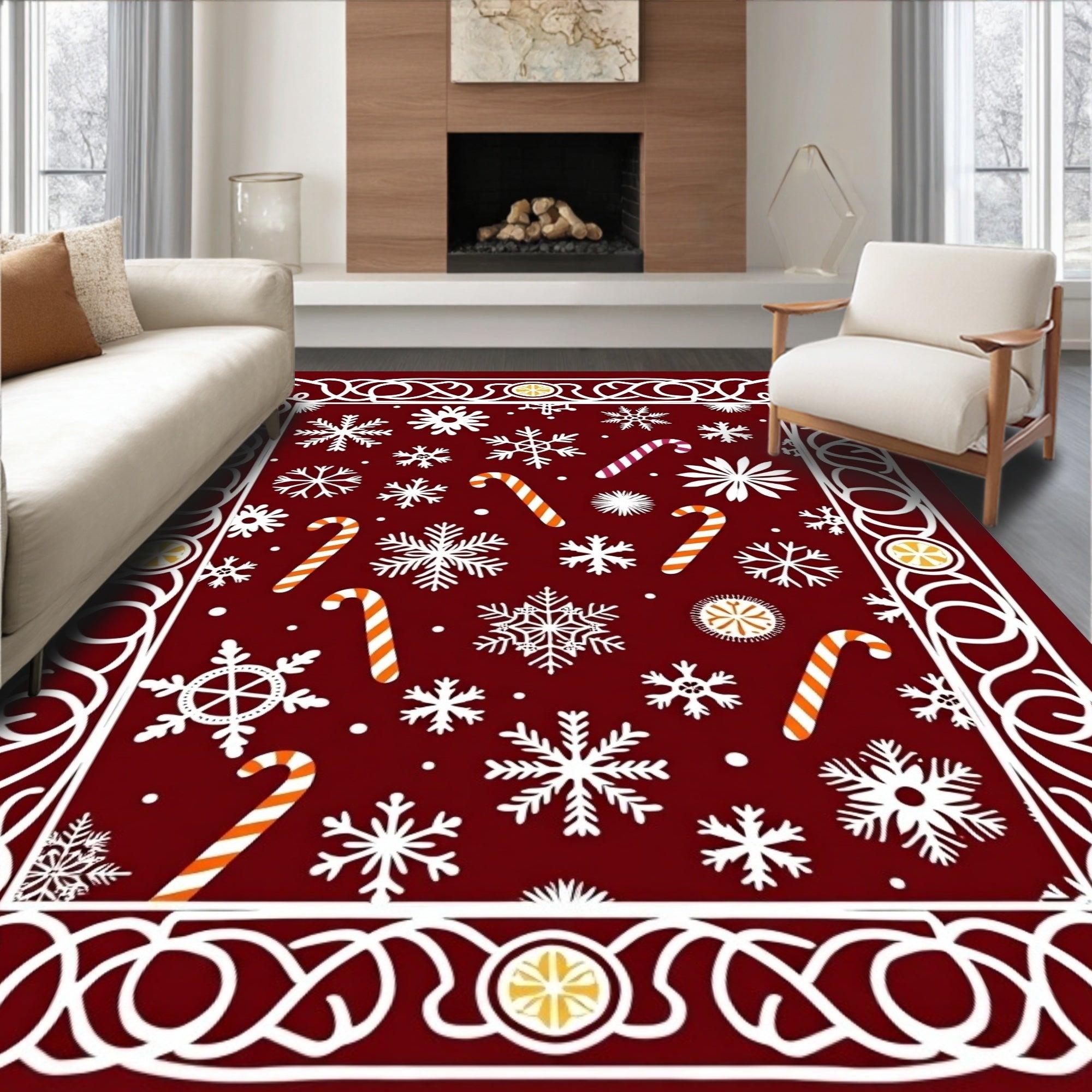 Crimson Snowflake Candy Cane Border Rug