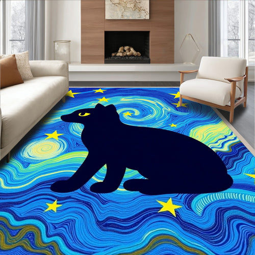Black Cat Starry Night Swirl Rug