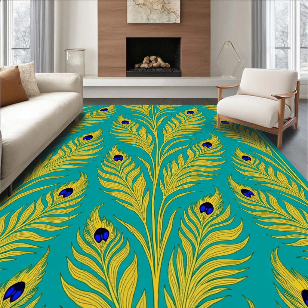 Golden Peacock Feather Teal Rug