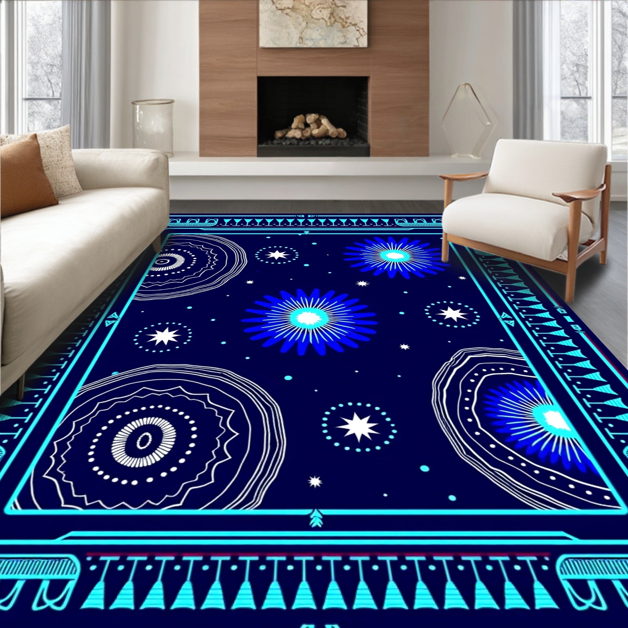 Midnight Blue Floral Sunburst Rug