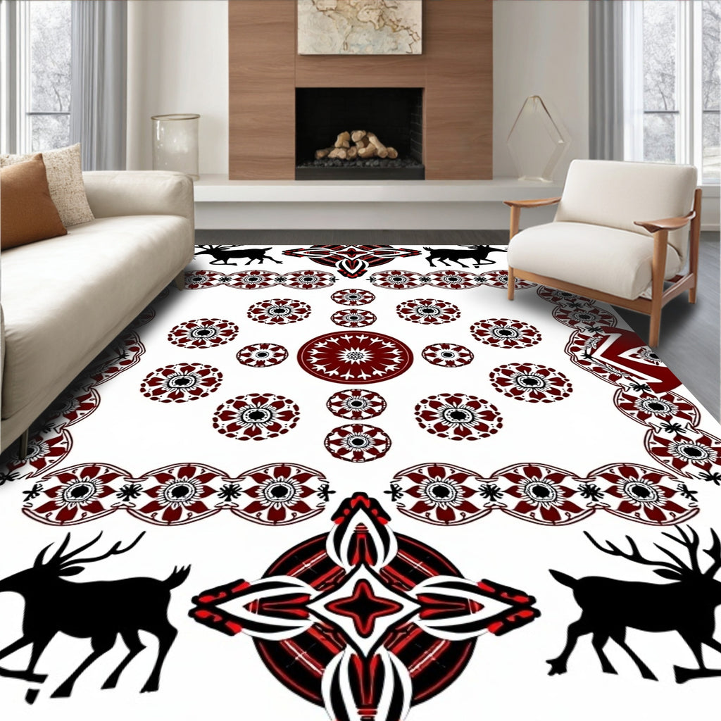 Crimson Deer Red Medallion Scene Rug