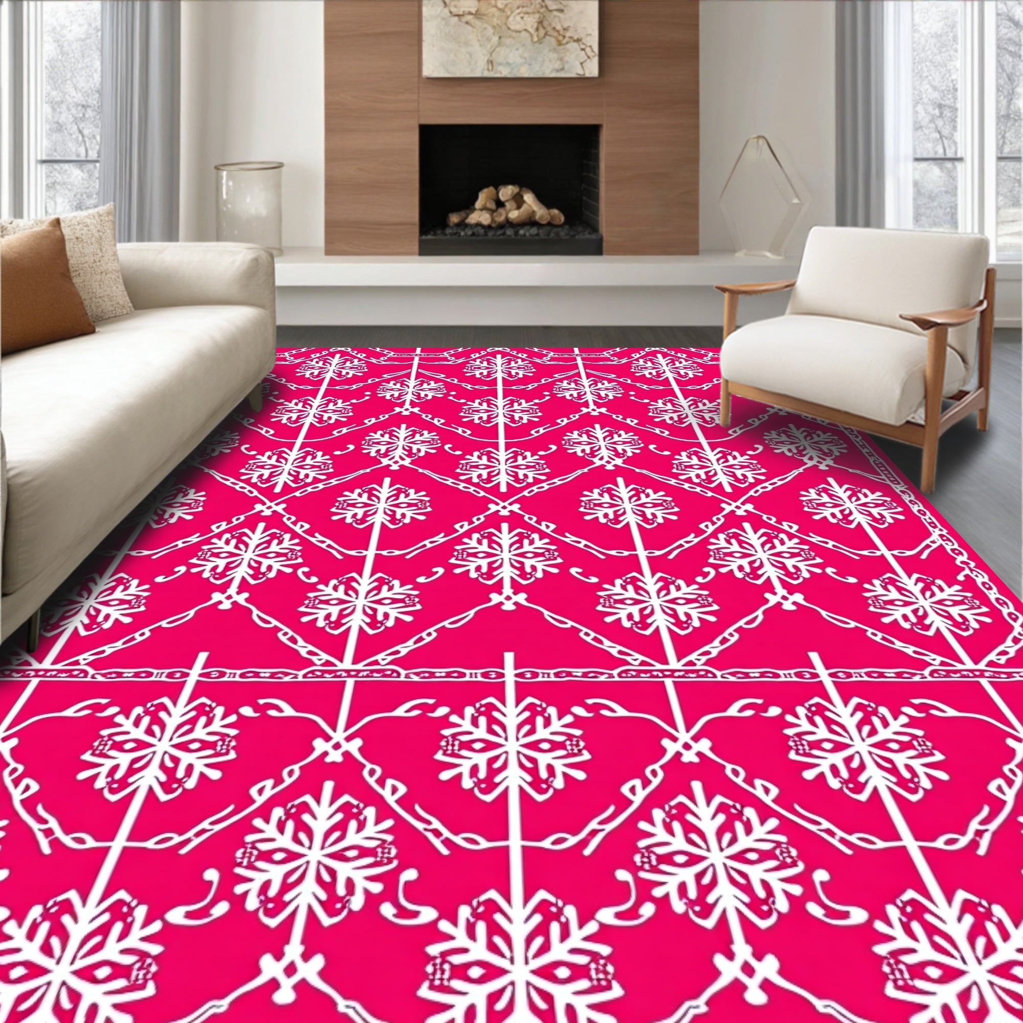 Bright Pink Snowflake Lattice Rug