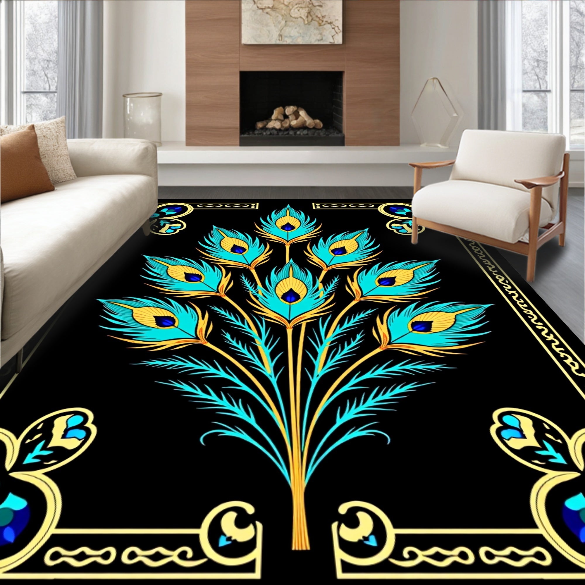 Exotic Turquoise Peacock Feather Bouquet Rug