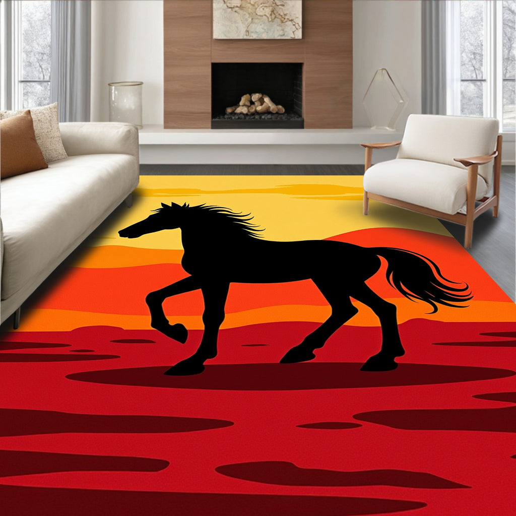 Crimson Sunset Galloping Horse Silhouette Rug