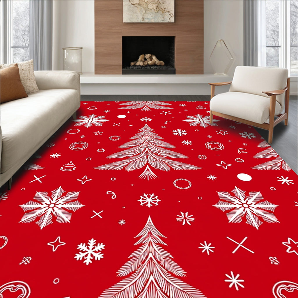Festive Red White Christmas Tree Snowflakes Rug