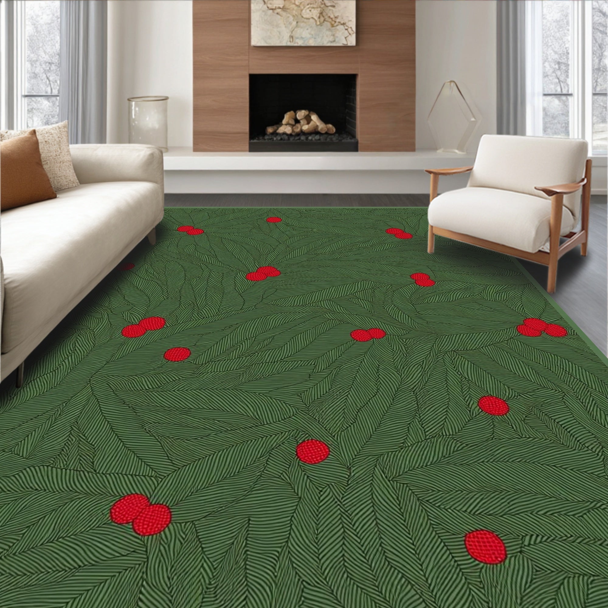 Forest Green Berry Pine Branch Rug