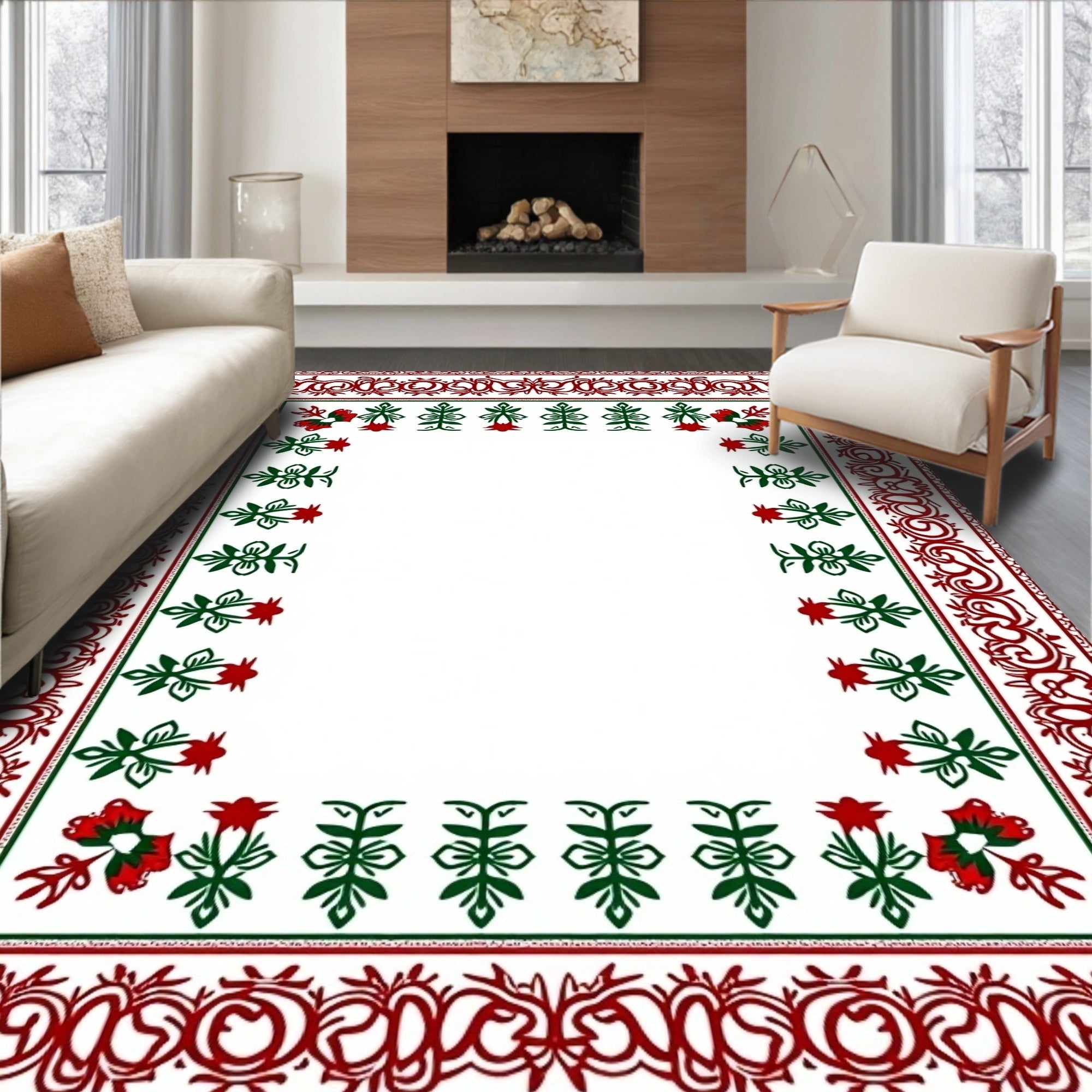 Crimson Green Floral Arch Border Rug