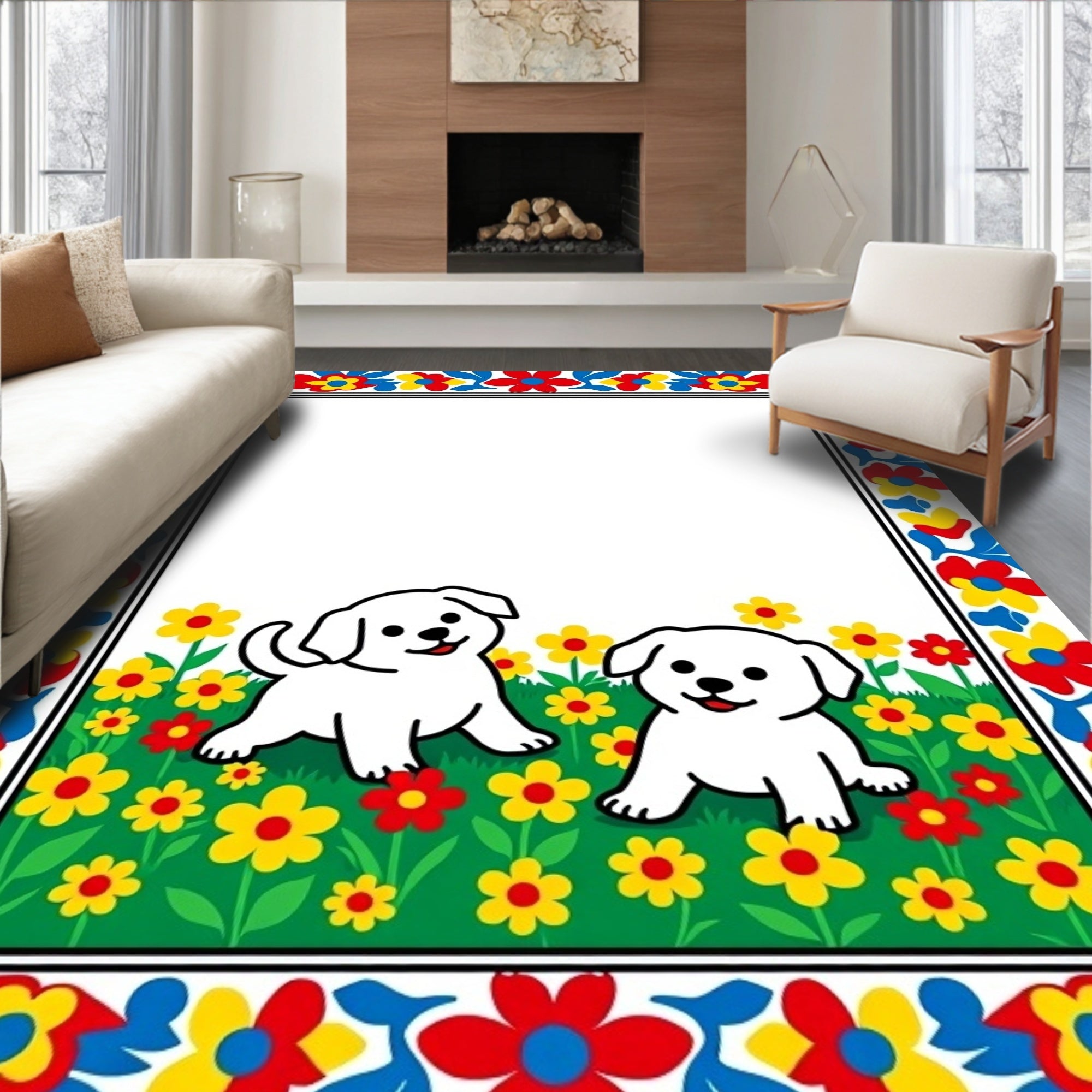 Playful White Puppies Floral Border Rug