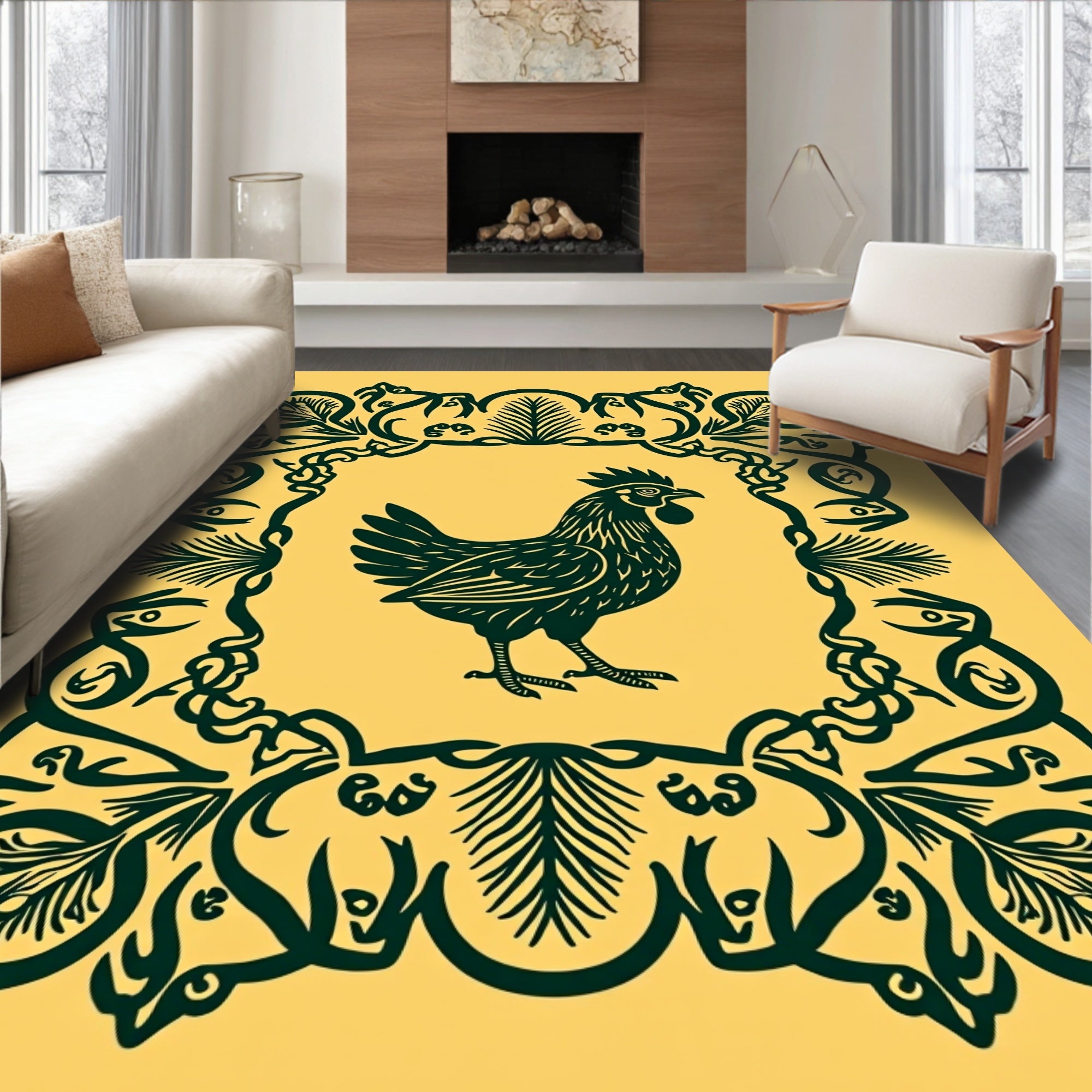 Dark Green Chicken Floral Frame Rug