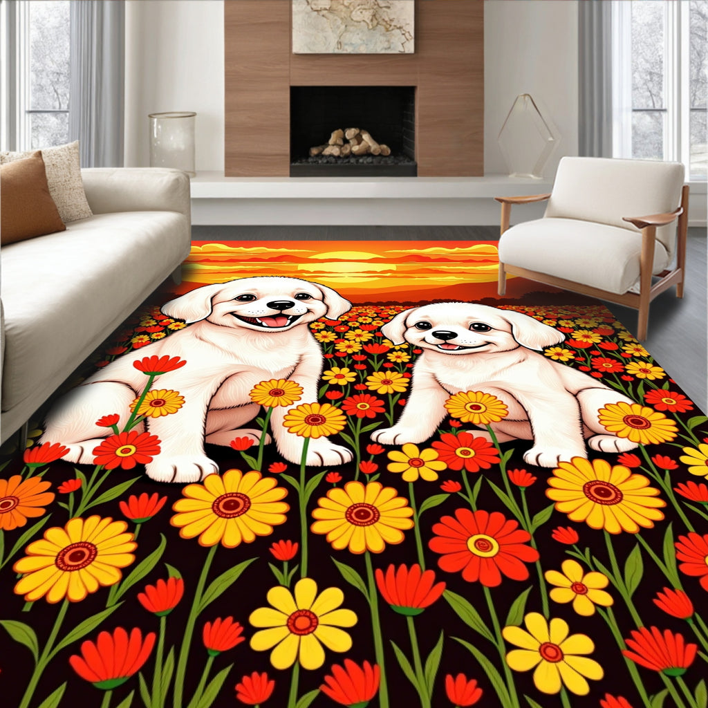 Whimsical Puppies Orange Sunset Field Rug