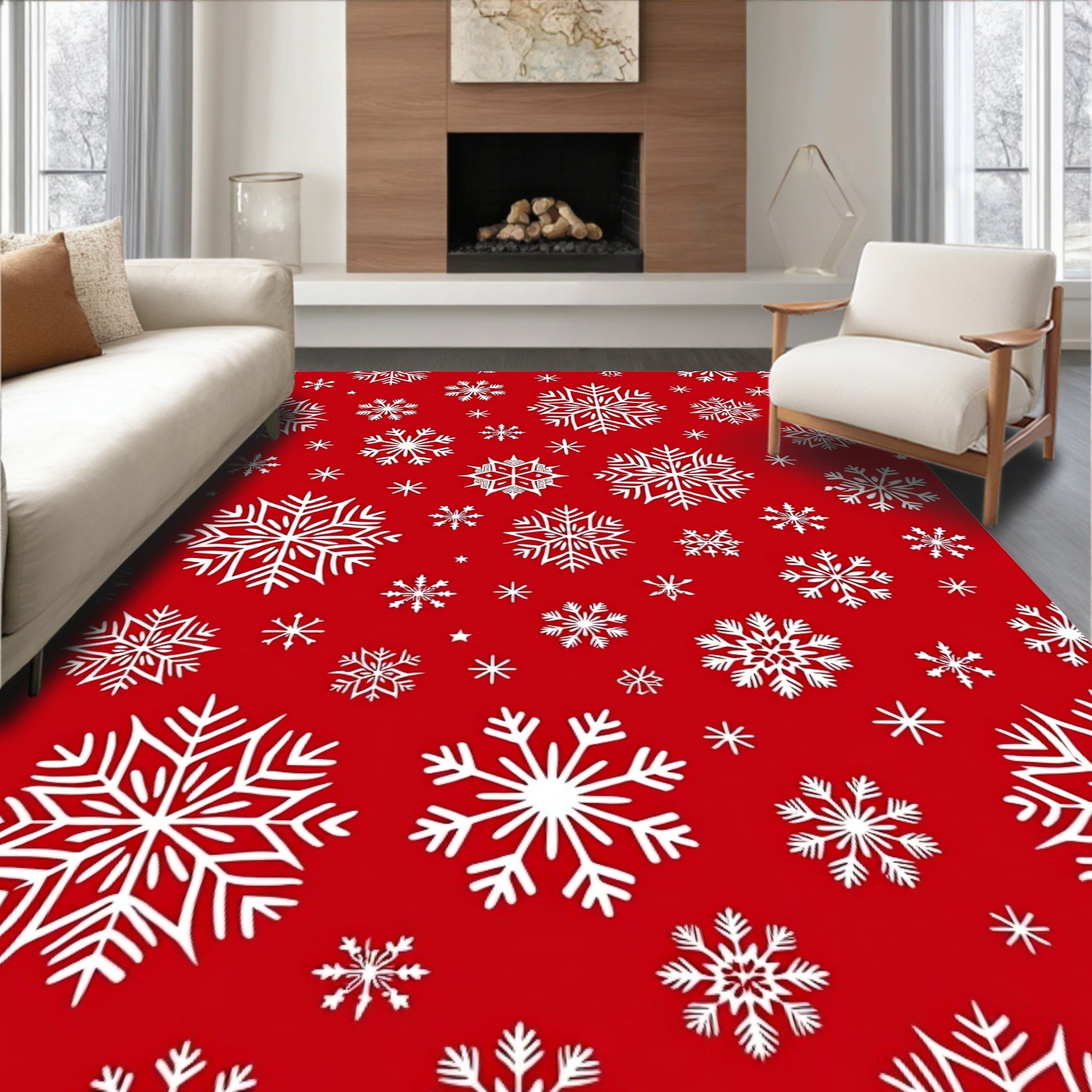 Festive Red White Snowflake Dispersion Rug