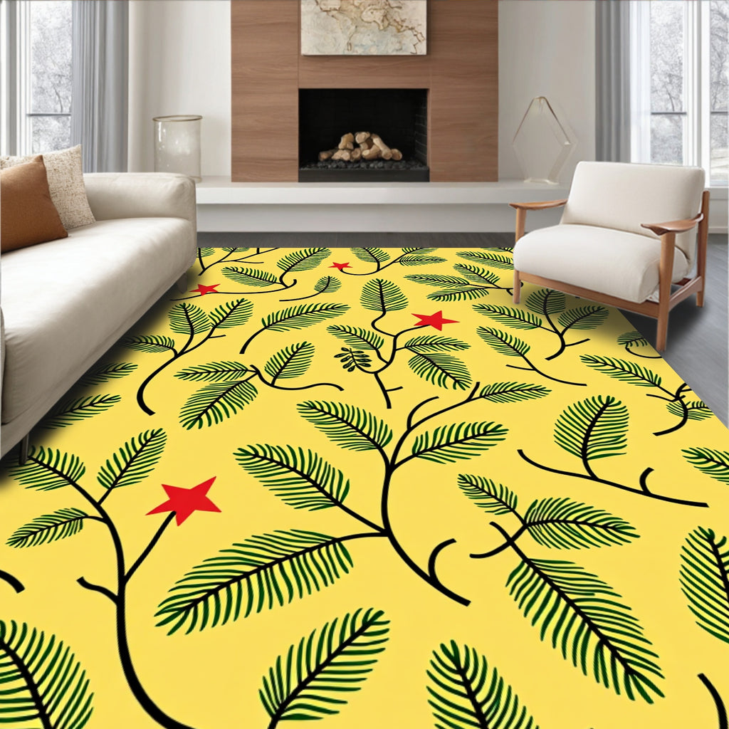 Bright Yellow Green Leaf Red Star Rug
