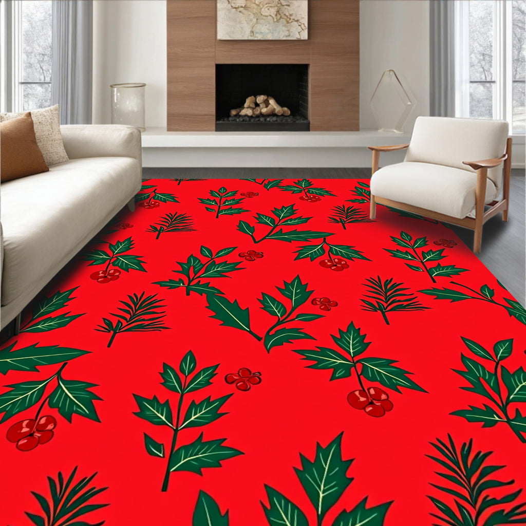 Red Green Festive Holly Berry Sprigs Rug