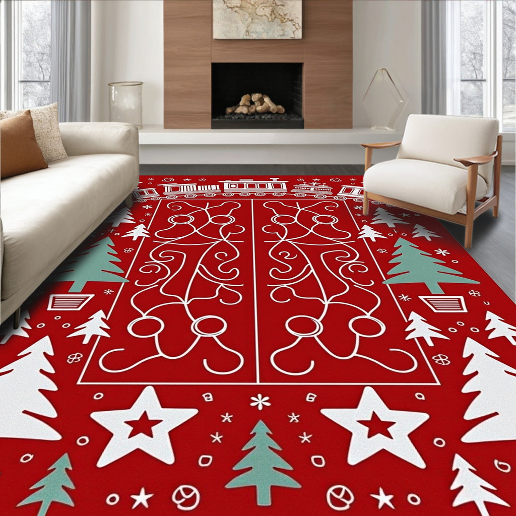 Whimsical Red Train Festive Christmas Tree Rug