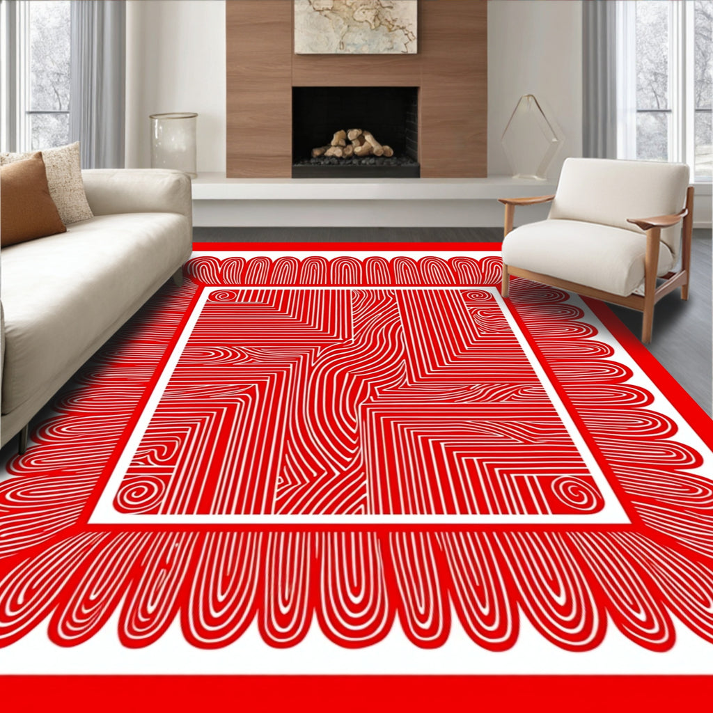 Bold Red Scalloped Border Abstract Rug