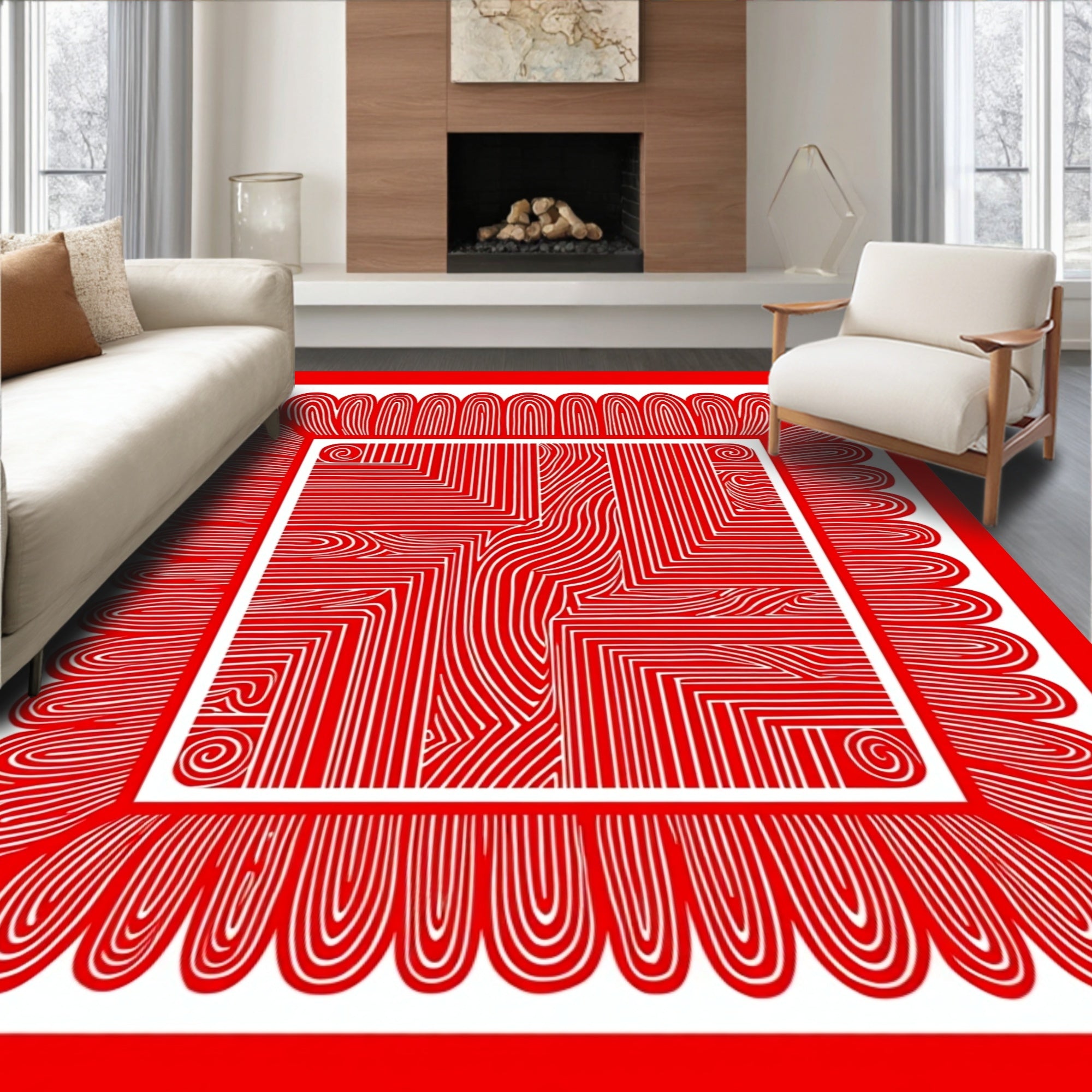 Bold Red Scalloped Border Abstract Rug