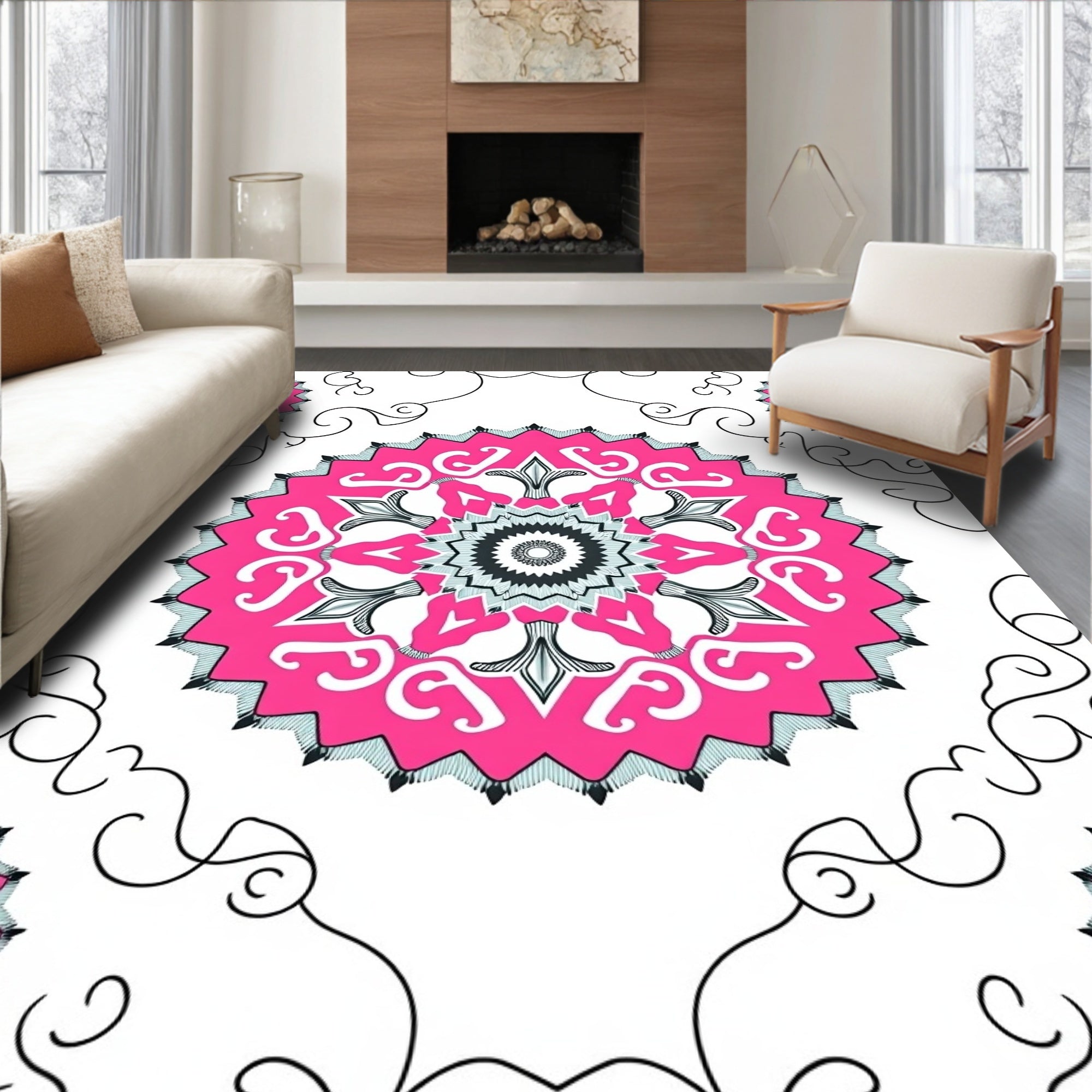 Radiant Pink Geometric Medallion Swirl Rug