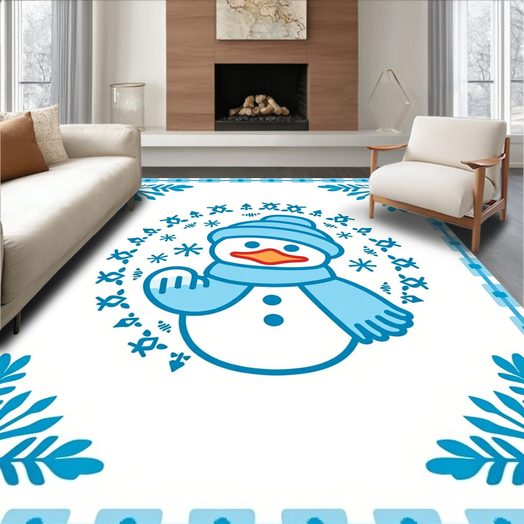 Winter Snowman Blue Snowflake Garland Rug