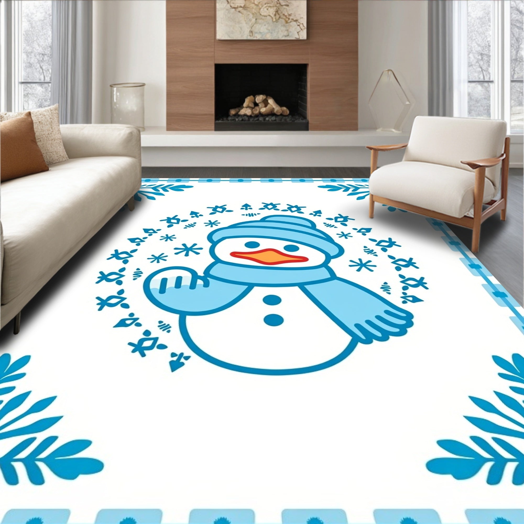 Winter Snowman Blue Snowflake Garland Rug