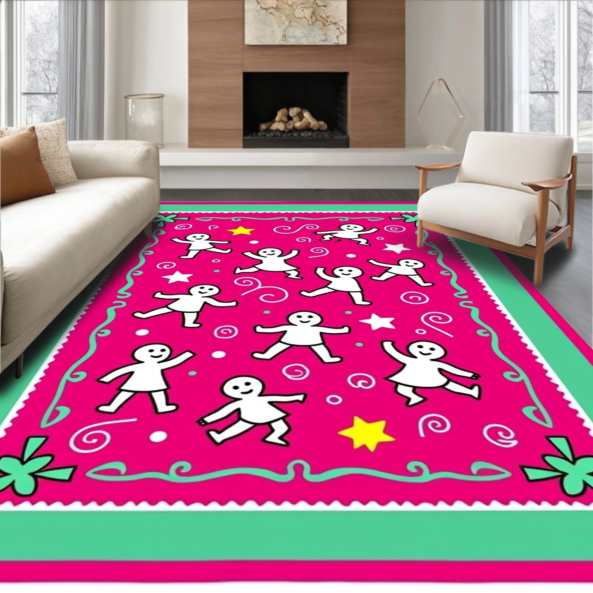 Whimsical Pink Dancing Figures Star Rug