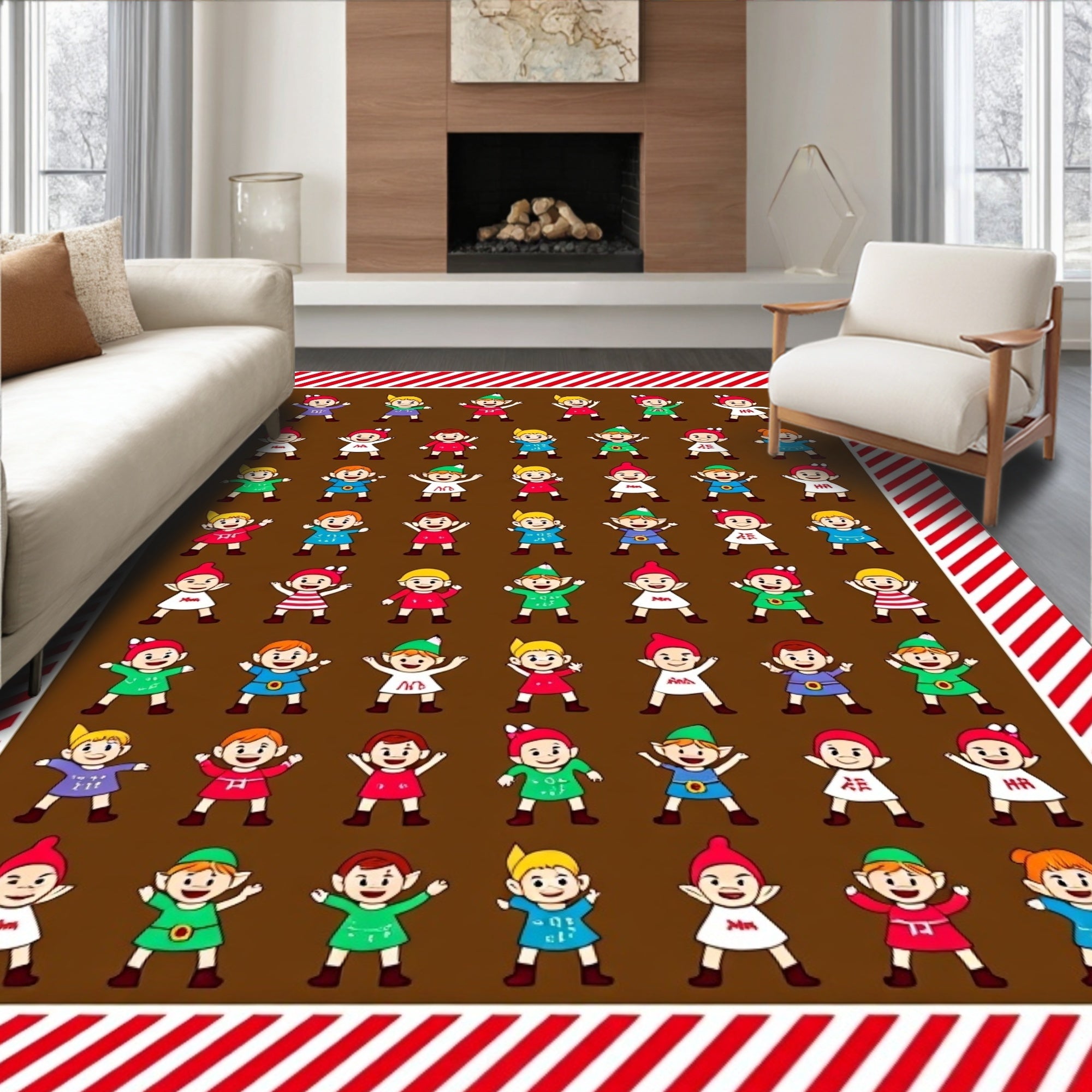 Festive Elf Characters Brown Background Rug
