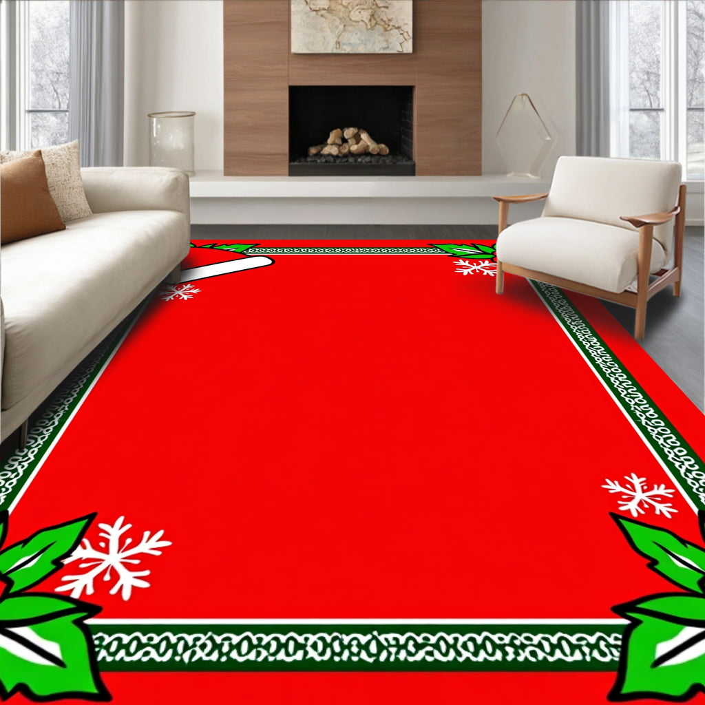 Red Festive Holly Snowflake Hat Border Rug