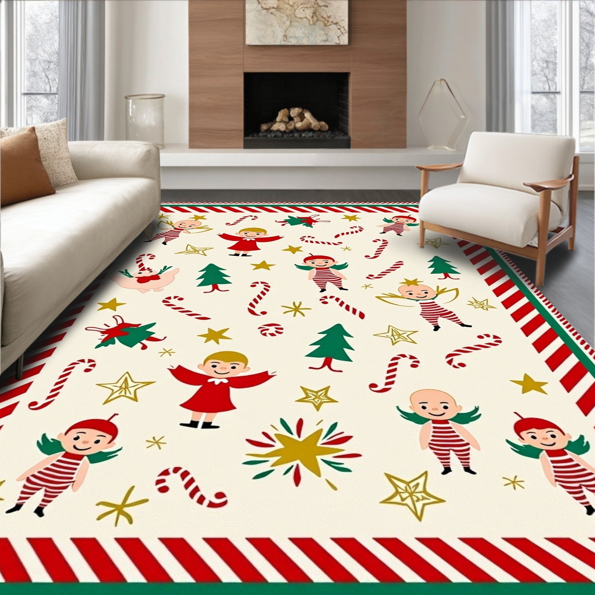 Festive Christmas Angels Candy Canes Stars Rug