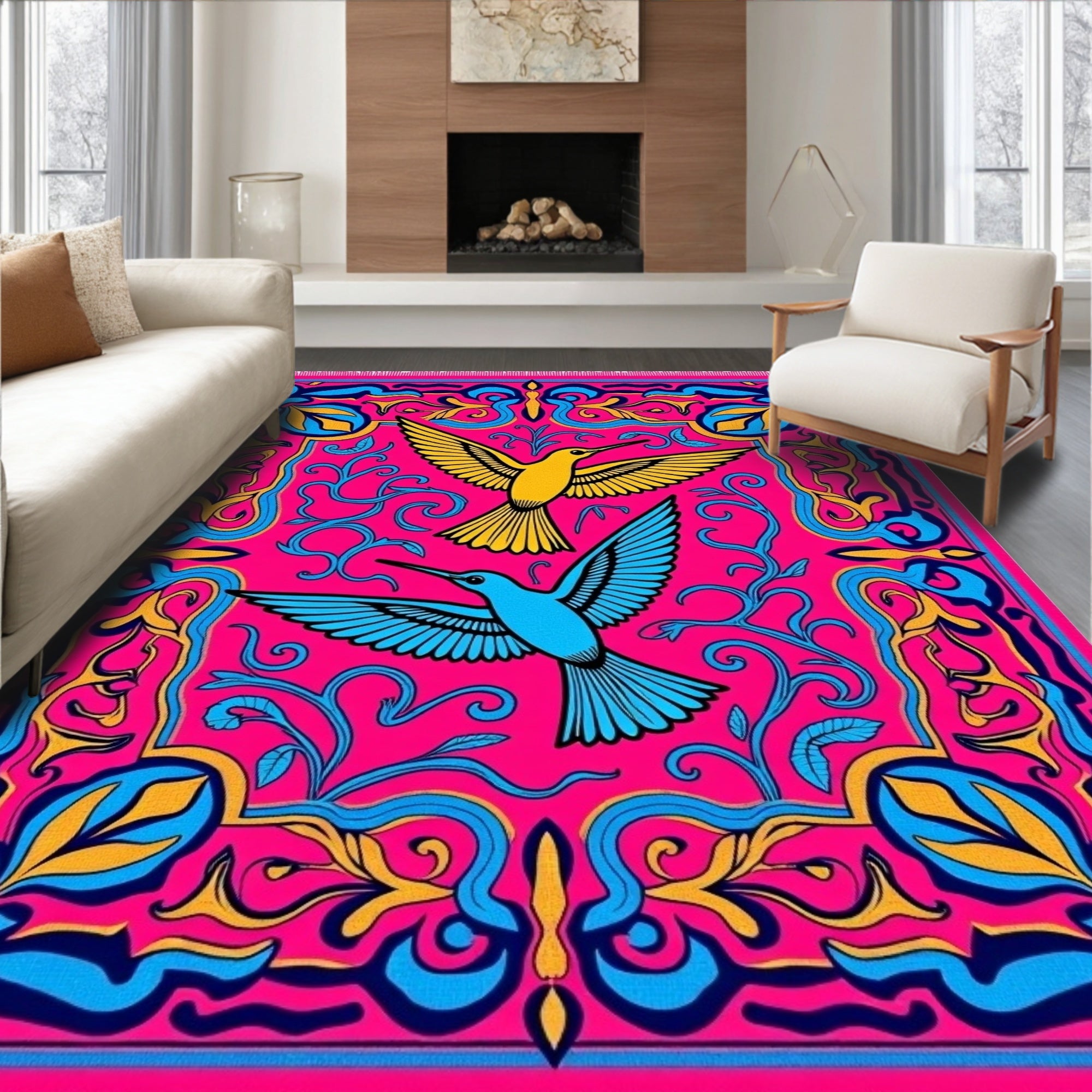 Vibrant Pink Hummingbird Floral Garden Rug