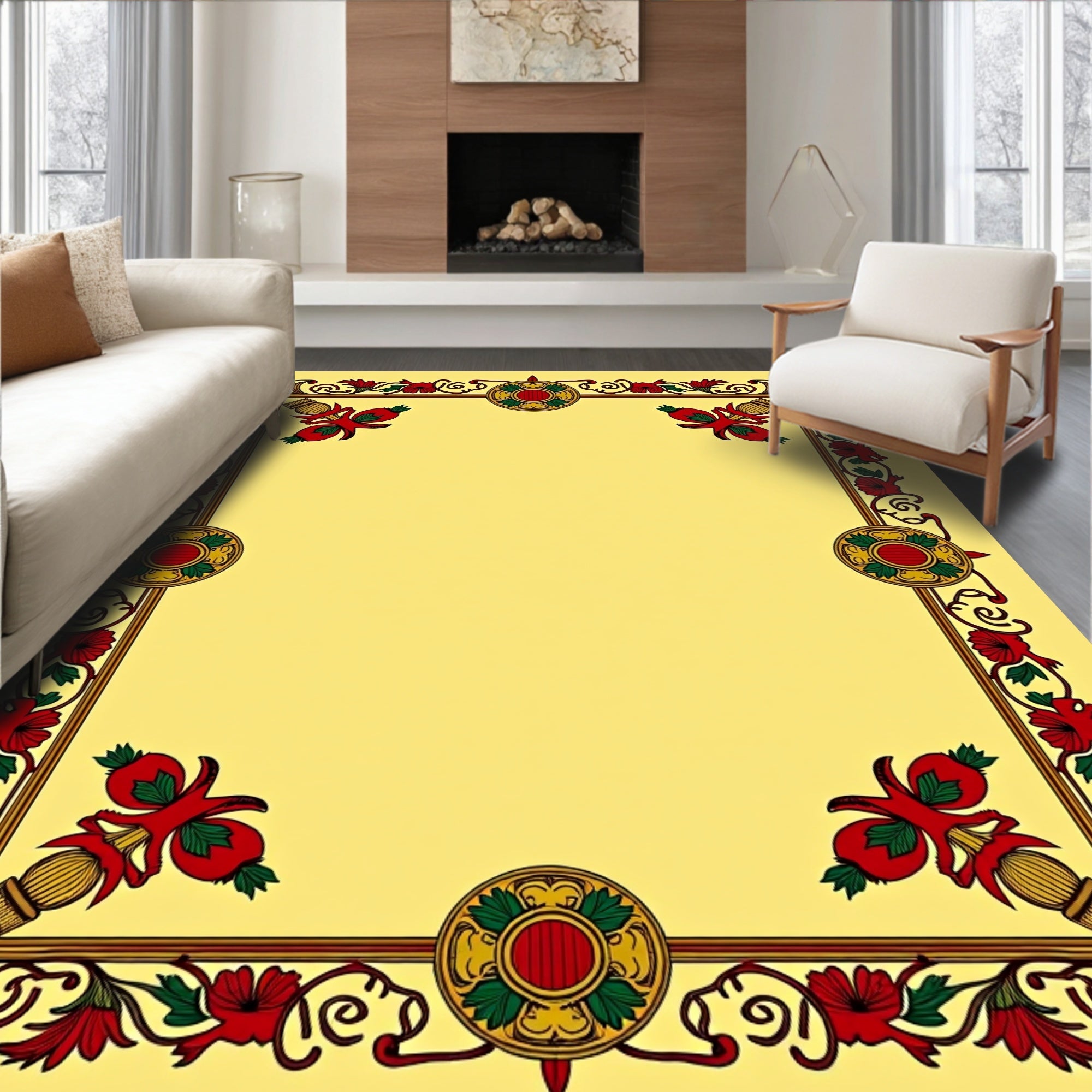 Red Floral Gold Medallion Frame Rug