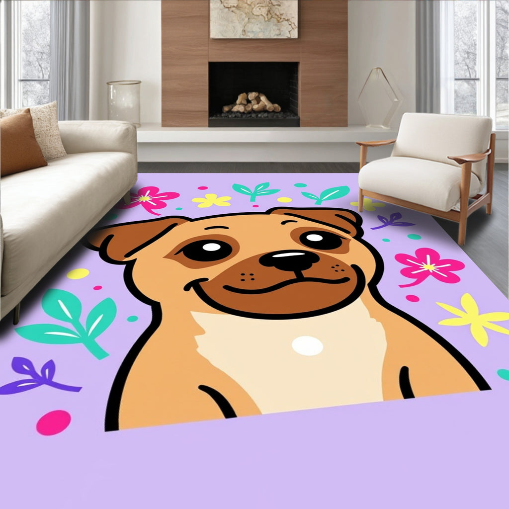 Cute Dog With Flowers Lavender Rug